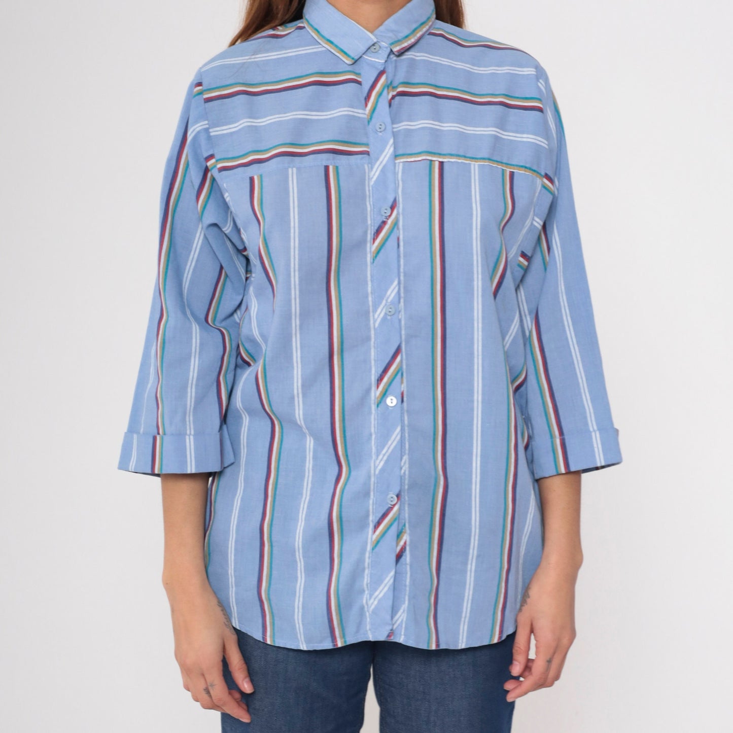 80s Blue Striped Button Up Shirt Multicolored 3/4 Sleeve Blouse Medium Large
