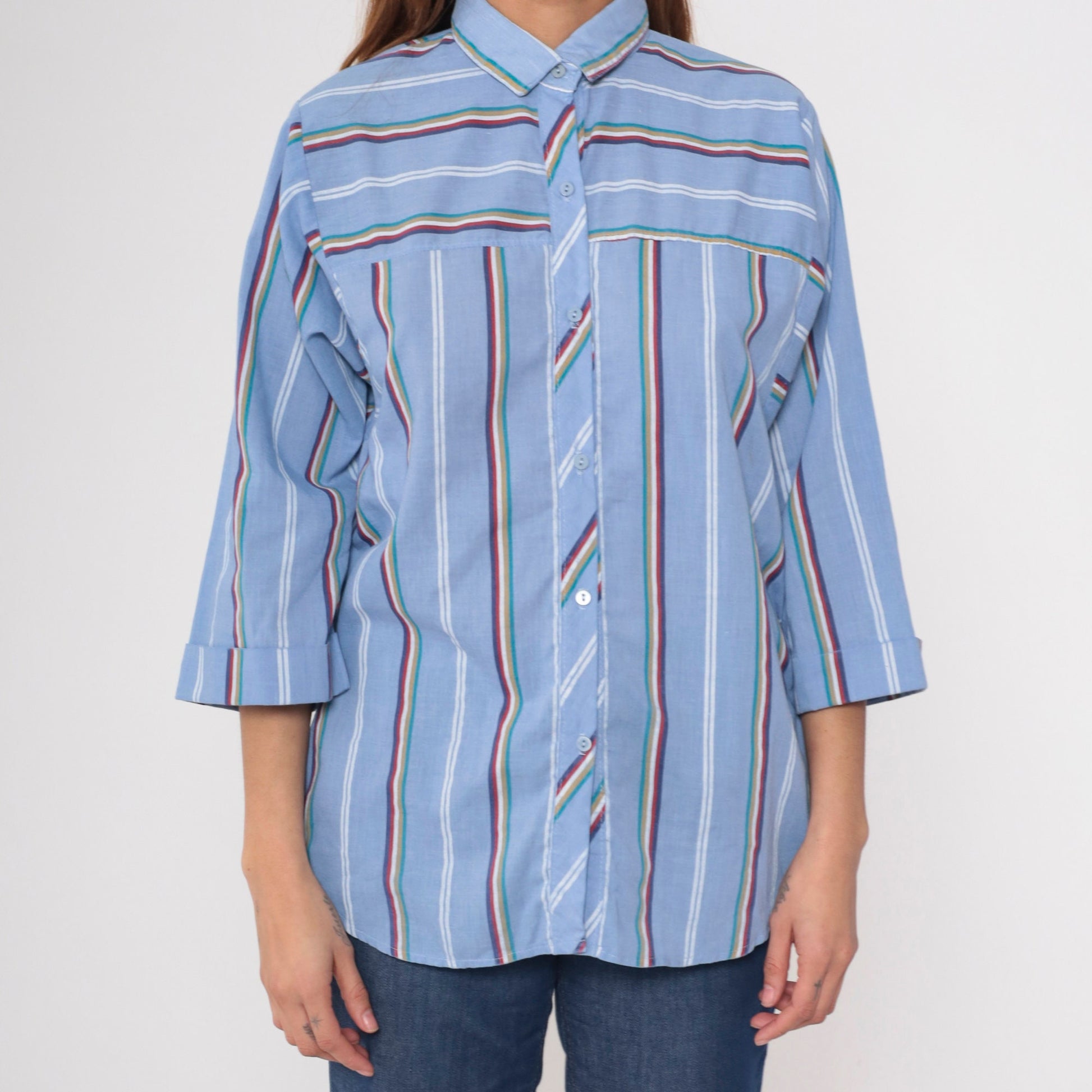 80s Blue Striped Button Up Shirt Multicolored 3/4 Sleeve Blouse Medium Large