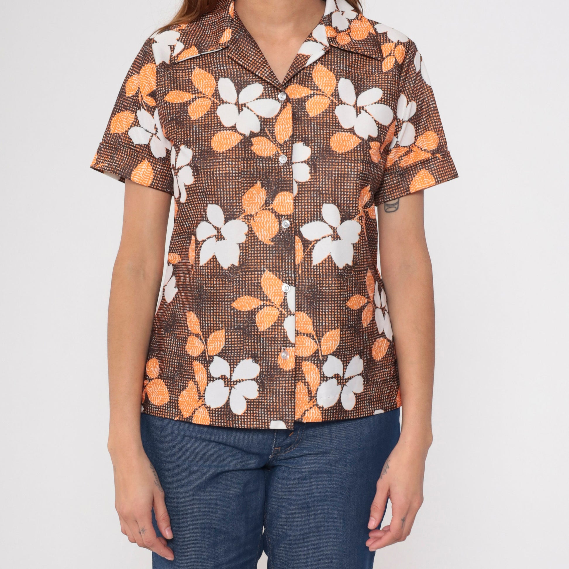 70s Floral Button Up Blouse Brown Orange White Short Sleeve Small Medium