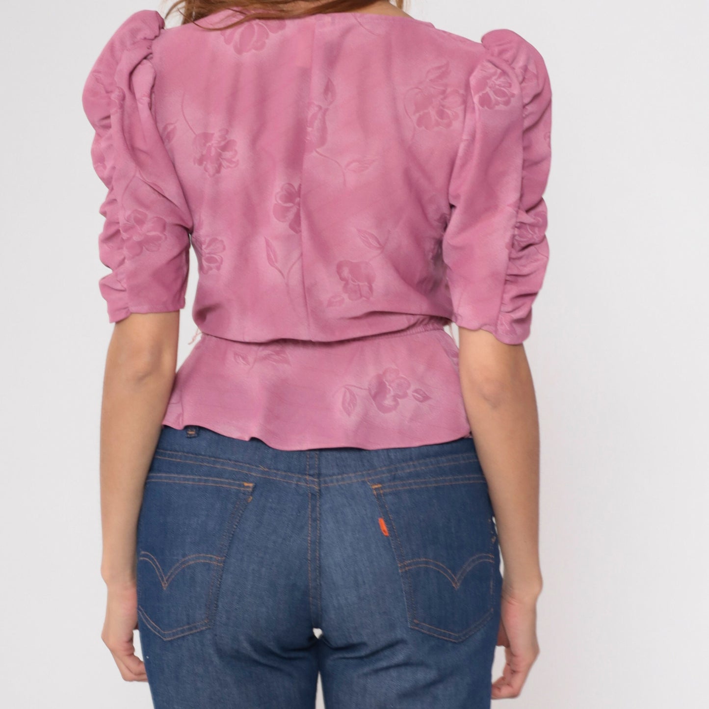 80s Floral Peplum Blouse Pink Puff Sleeve Crop Top Small