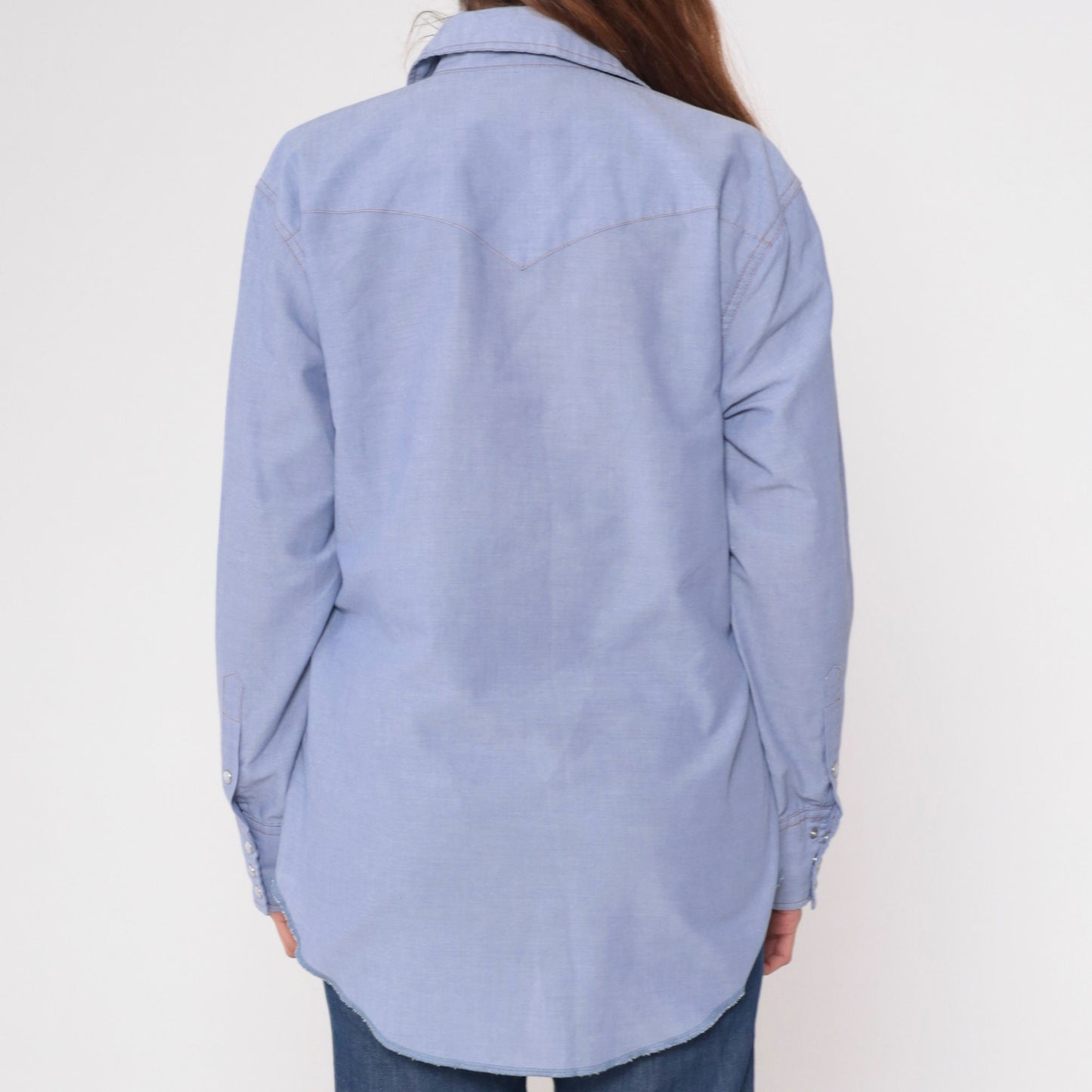 90s Wrangler Chambray Pearl Snap Shirt Blue Denim Long Sleeve Medium