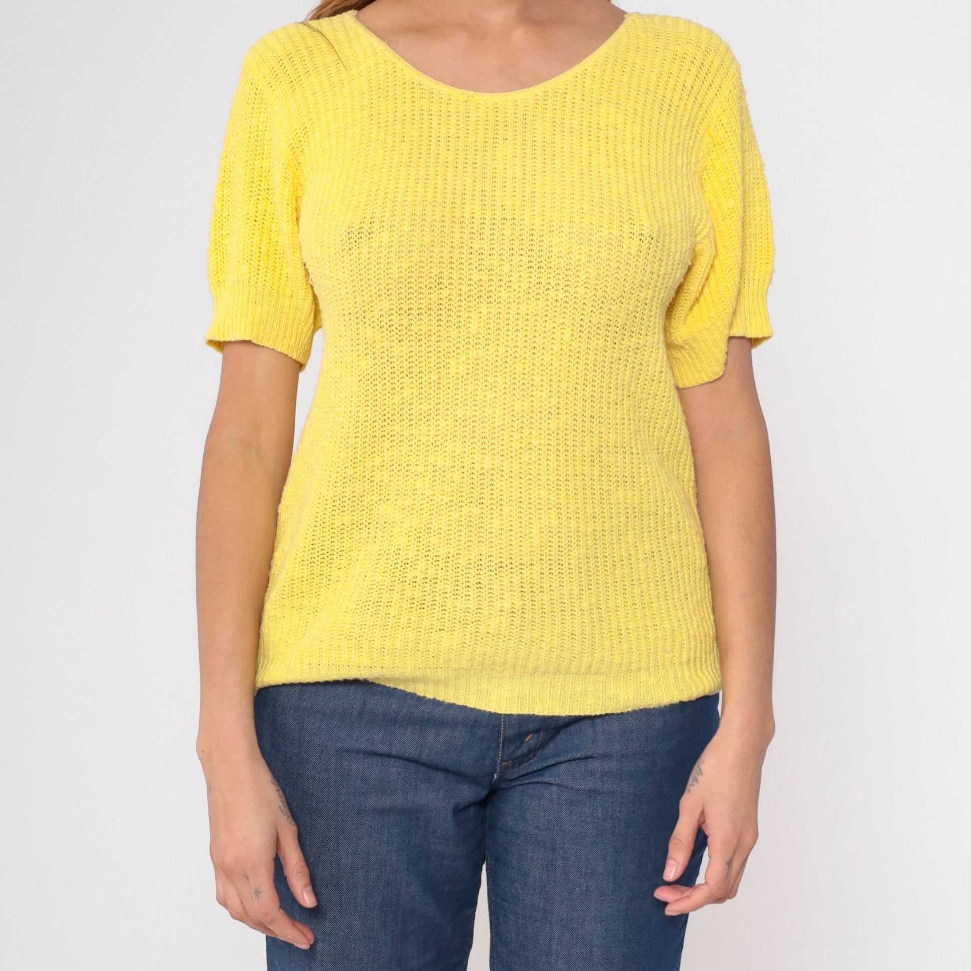 80s Jaguar Yellow Knit Short Sleeve Crewneck Pullover Small S