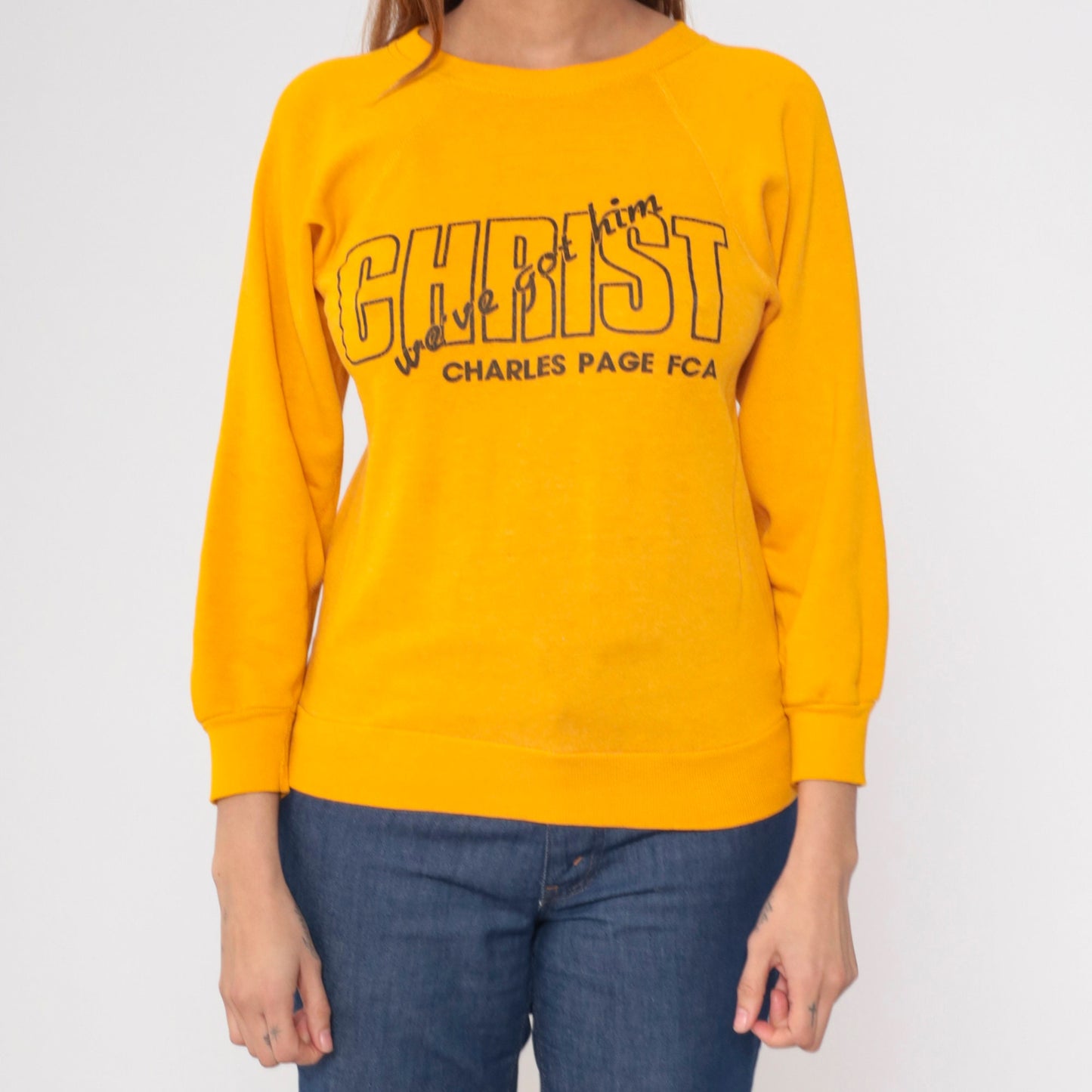 80s Christian FCA Sweatshirt 'Christ We've Got Him' Yellow Raglan Extra Small