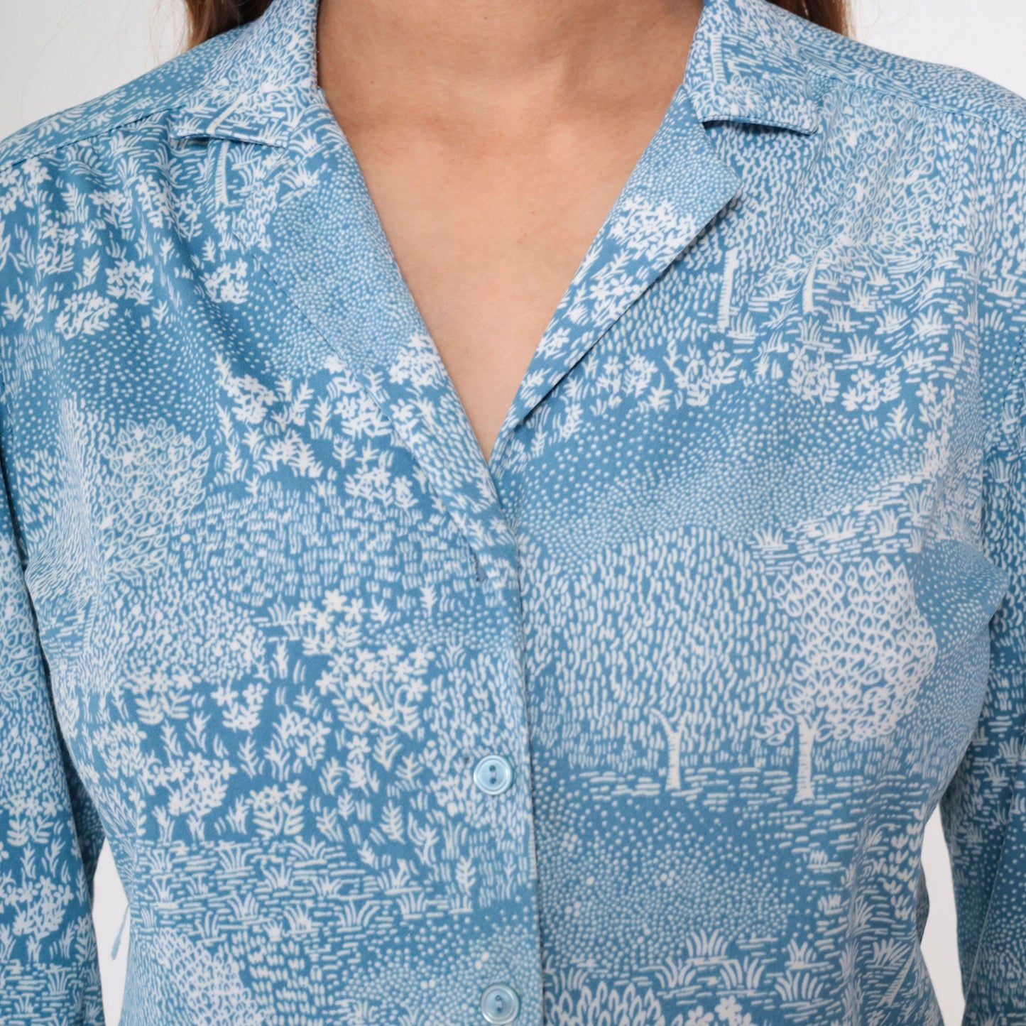 70s Alex Coman Sportswear Tree Floral Print Button-Up Blouse Blue Medium