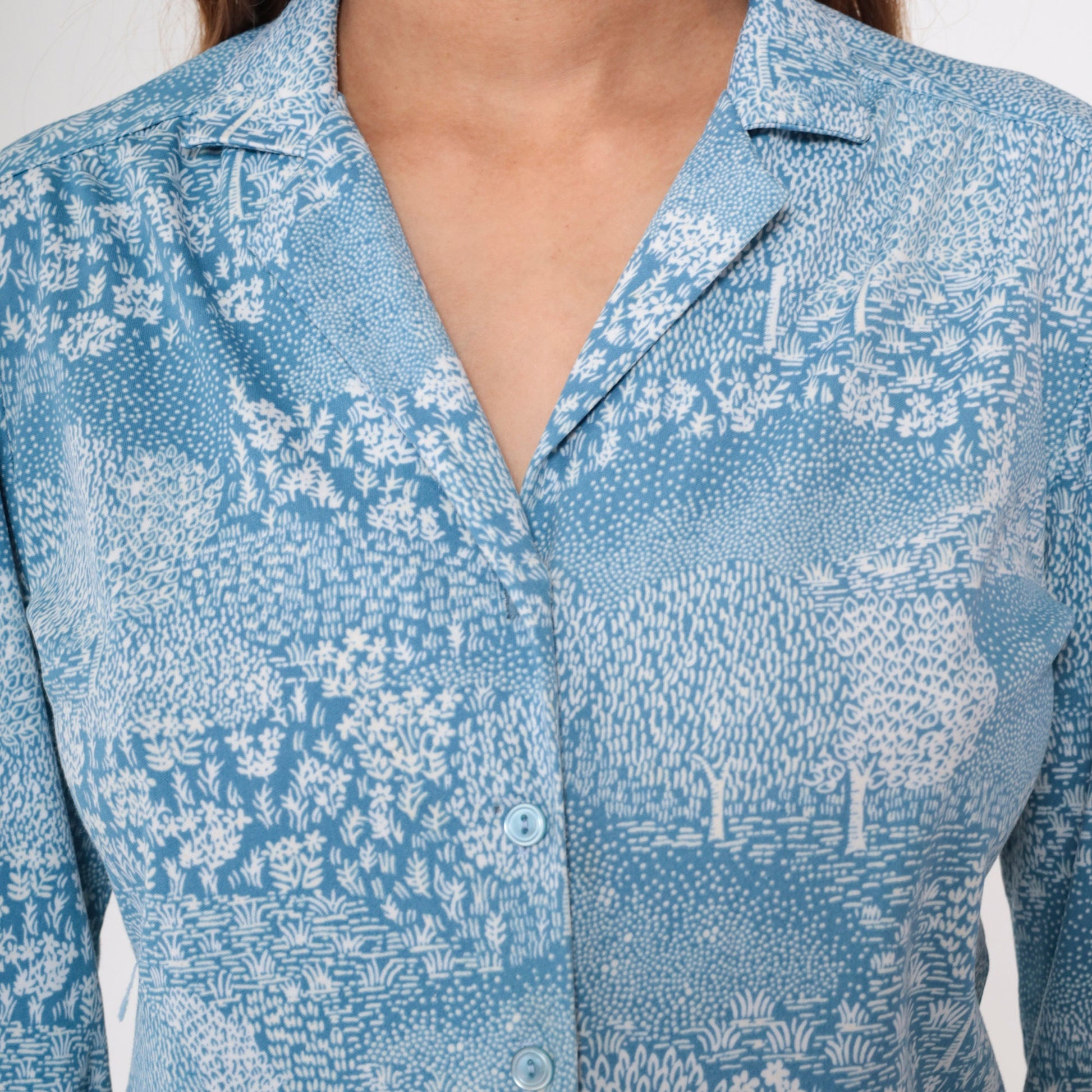 70s Alex Coman Sportswear Tree Floral Print Button-Up Blouse Blue Medium