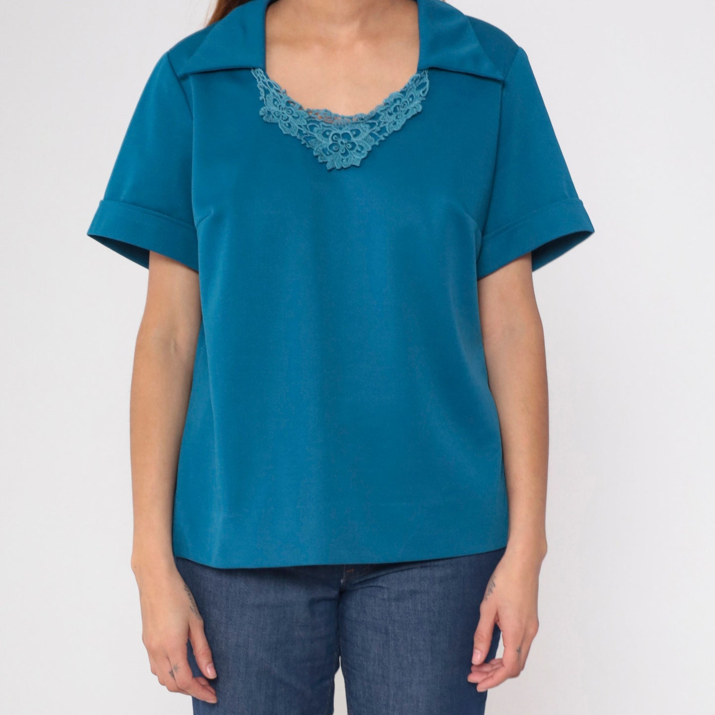 70s Blue Lace Collar Blouse Pointed Crochet Trim Short Sleeve Large L