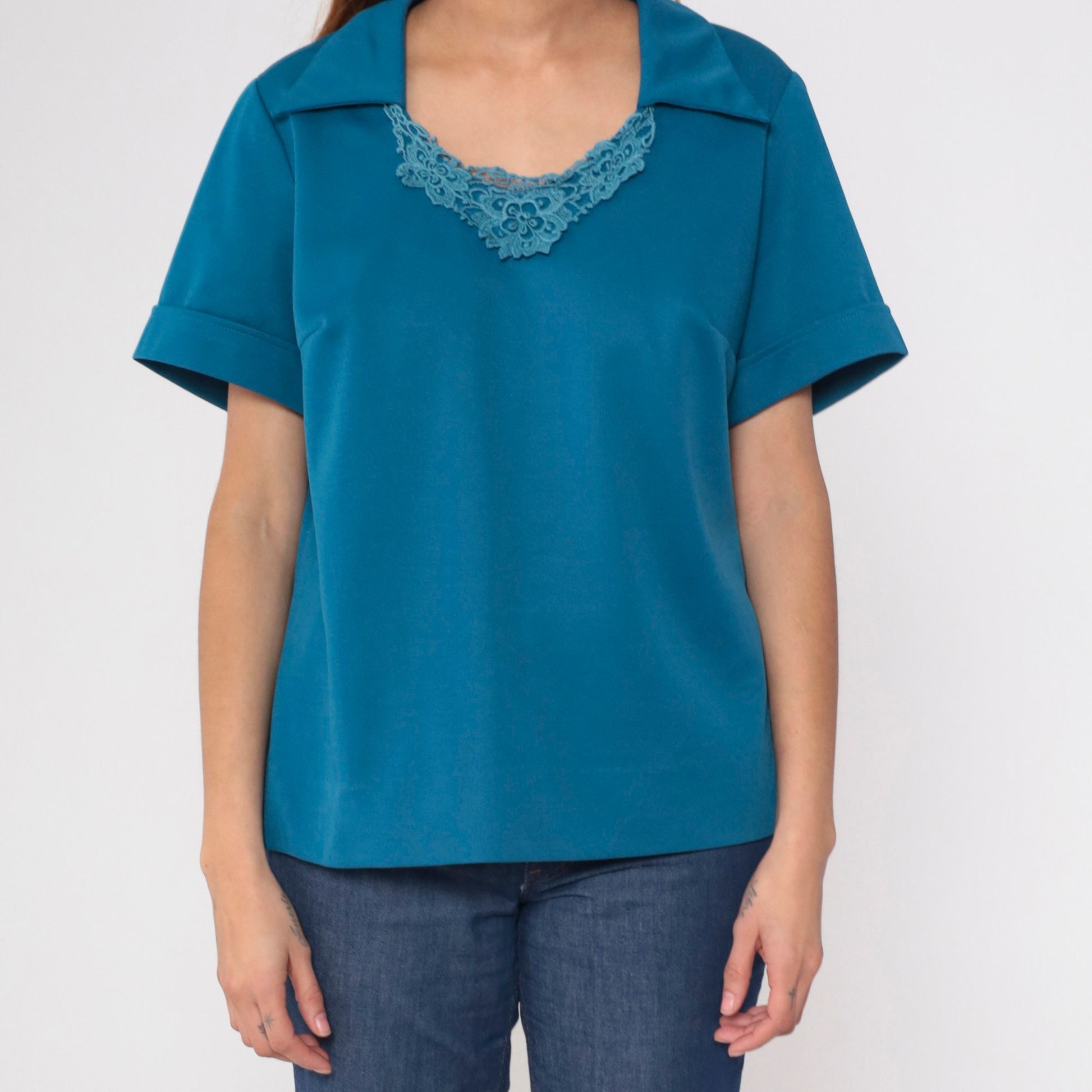 70s Blue Lace Collar Blouse Pointed Crochet Trim Short Sleeve Large L