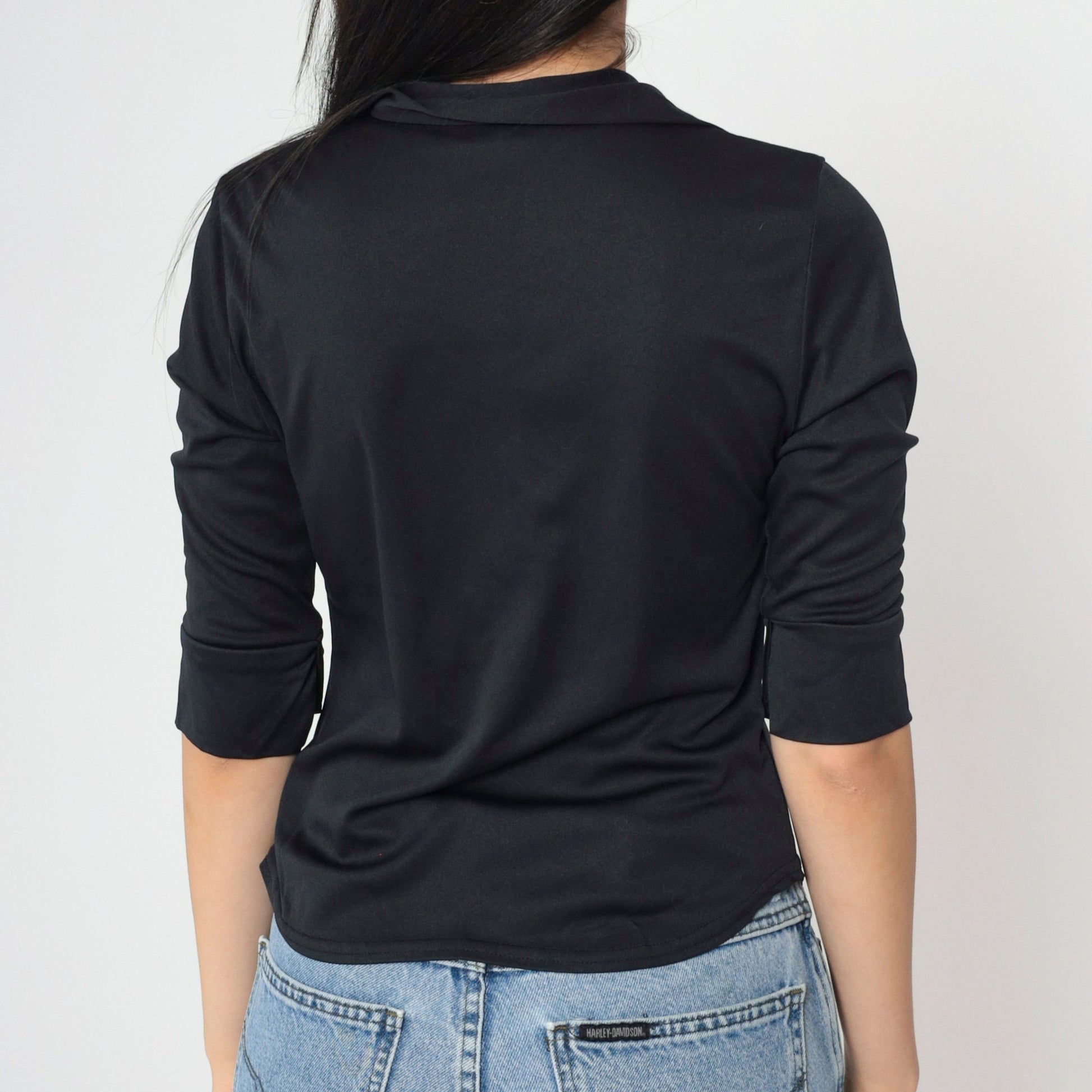 90s Black Button-Up Blouse Half Sleeve Collared Shirt Extra Small