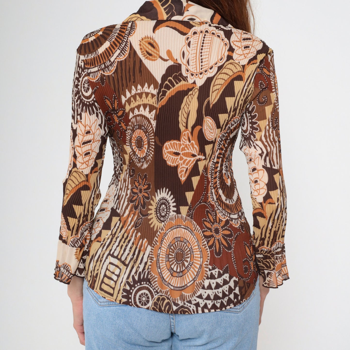 Y2K Brown Patchwork Geometric Floral Button-Up Blouse Bell Sleeve Medium