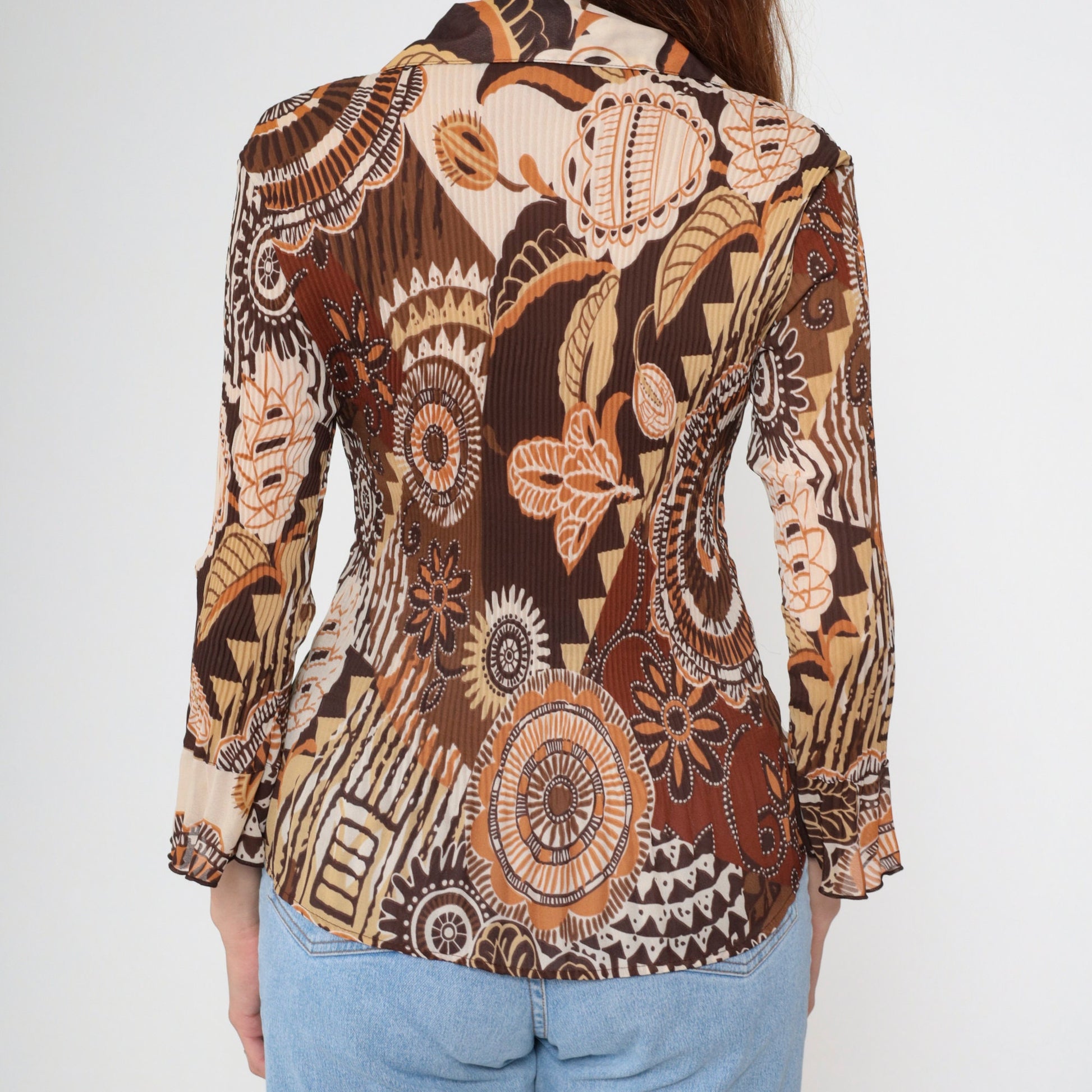 Y2K Brown Patchwork Geometric Floral Button-Up Blouse Bell Sleeve Medium