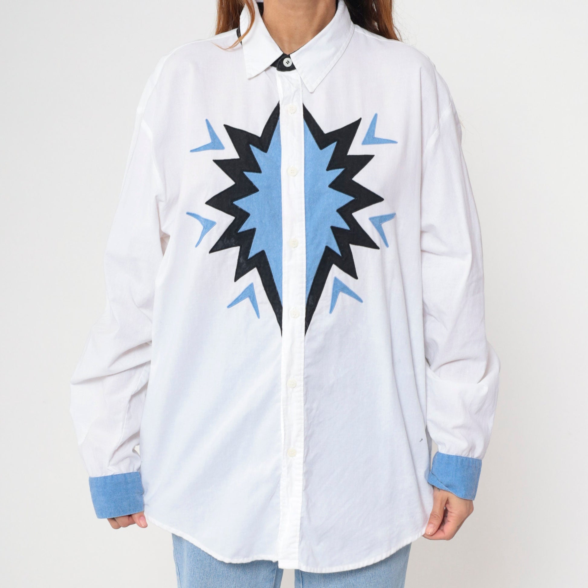 Y2K Southwestern Graphic Western Button-Up Shirt White Cotton Extra Large XXL