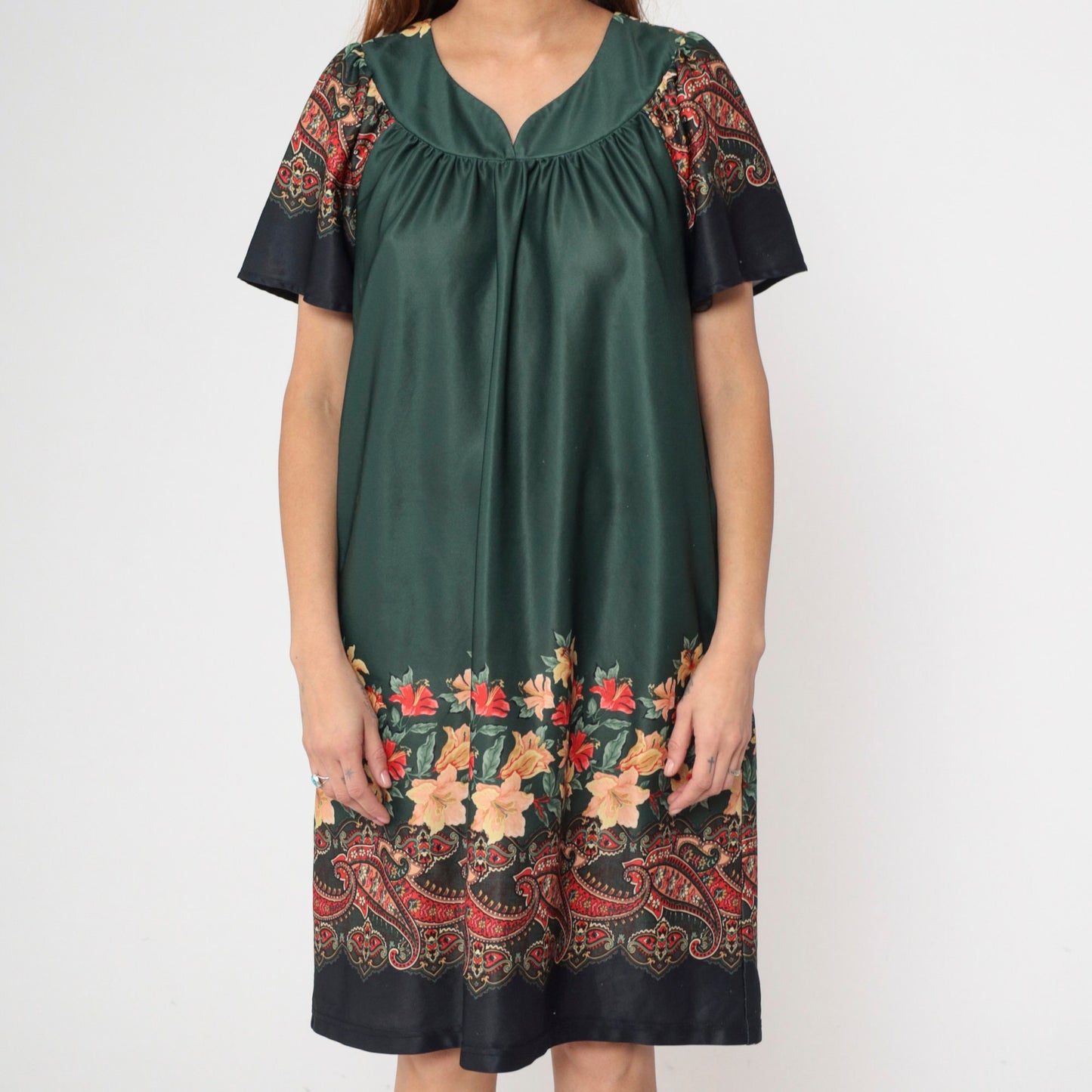 70s Dark Green Floral Paisley Tent Dress Midi Pockets Short Sleeve Extra Large