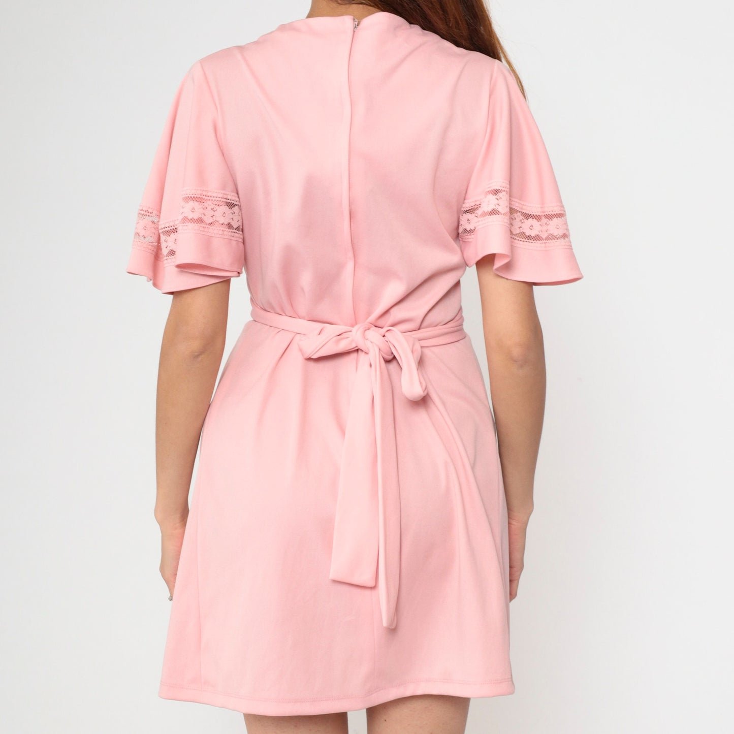 70s Pink Babydoll Dress Flutter Sleeve Empire Waist Mini V-Neck Small Medium