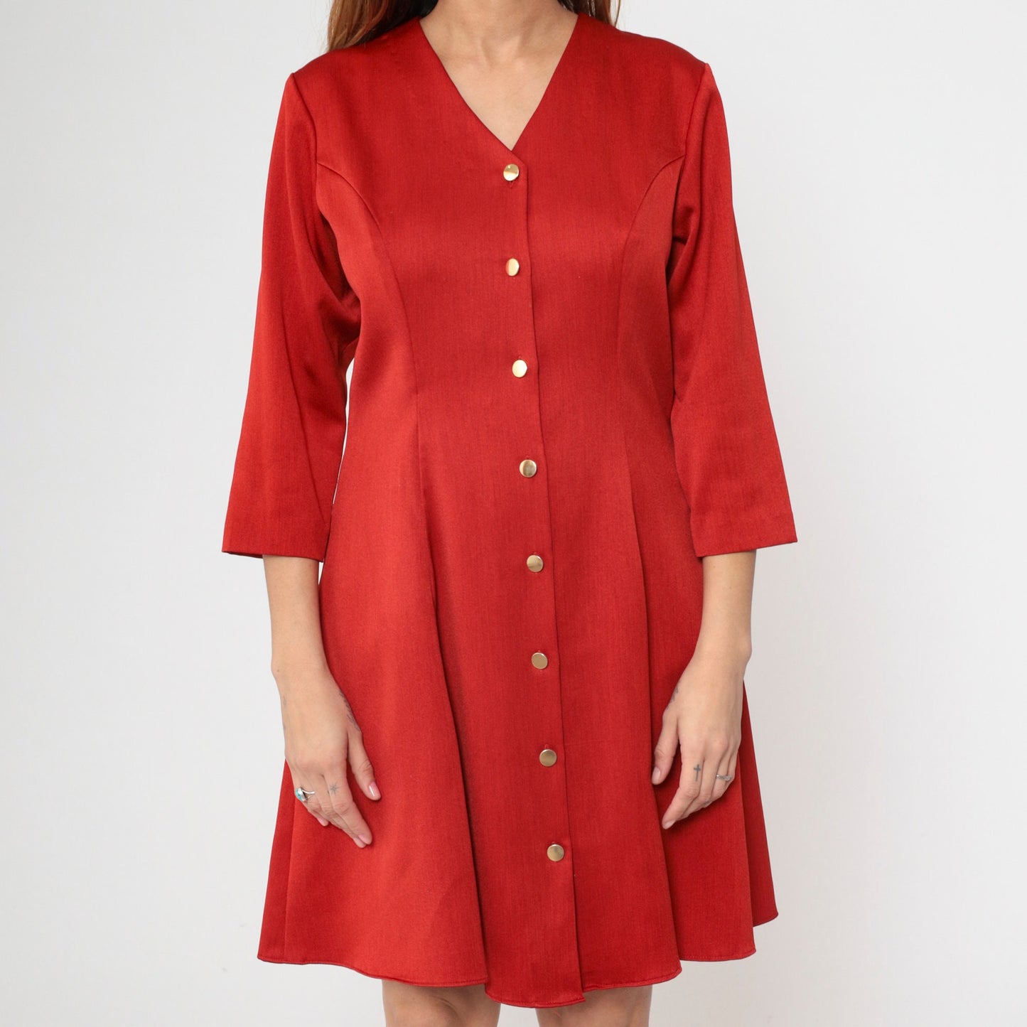80s Red Button-Up Shirtdress V-Neck Princess Seam Flare Large