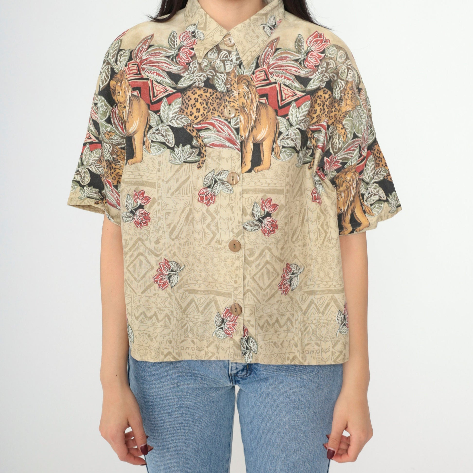 90s Safari Animal Print Button-Up Blouse Silver Glitter Lion Leopard Medium Large