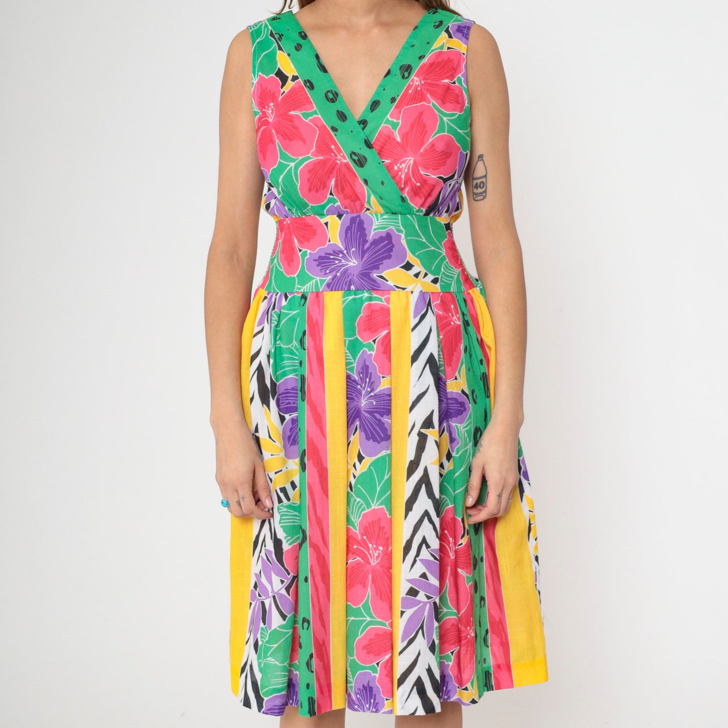 80s Melissa Lane Floral Stripe Midi Dress Smocked Waist V-Neck Small Medium
