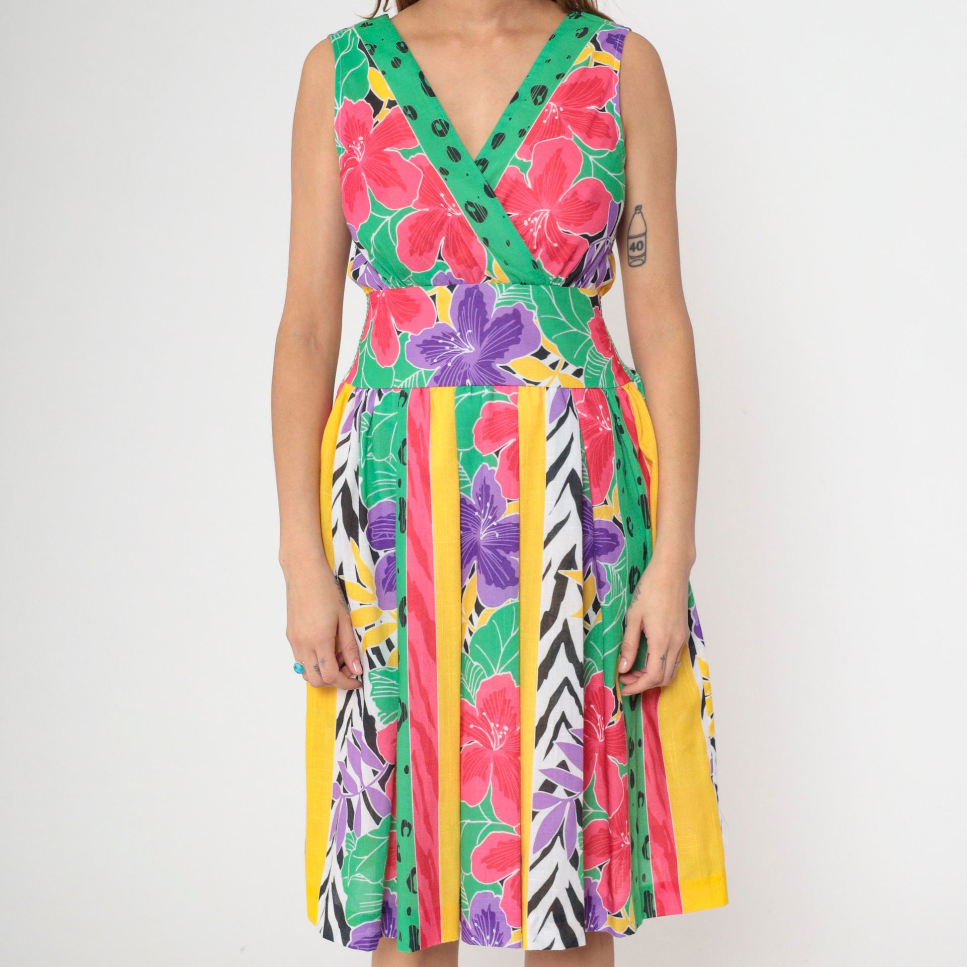 80s Melissa Lane Floral Stripe Midi Dress Smocked Waist V-Neck Small Medium