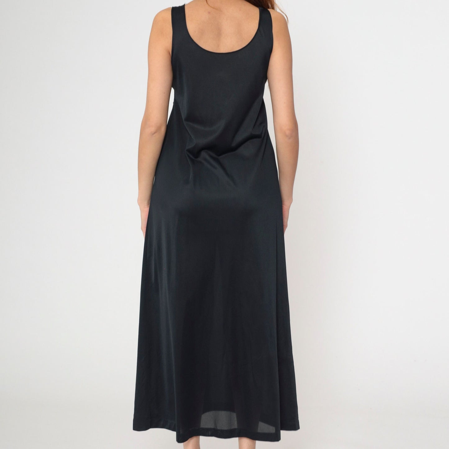 70s Black Nylon Maxi Slip Dress Empire Waist V Neck Lace Trim Medium
