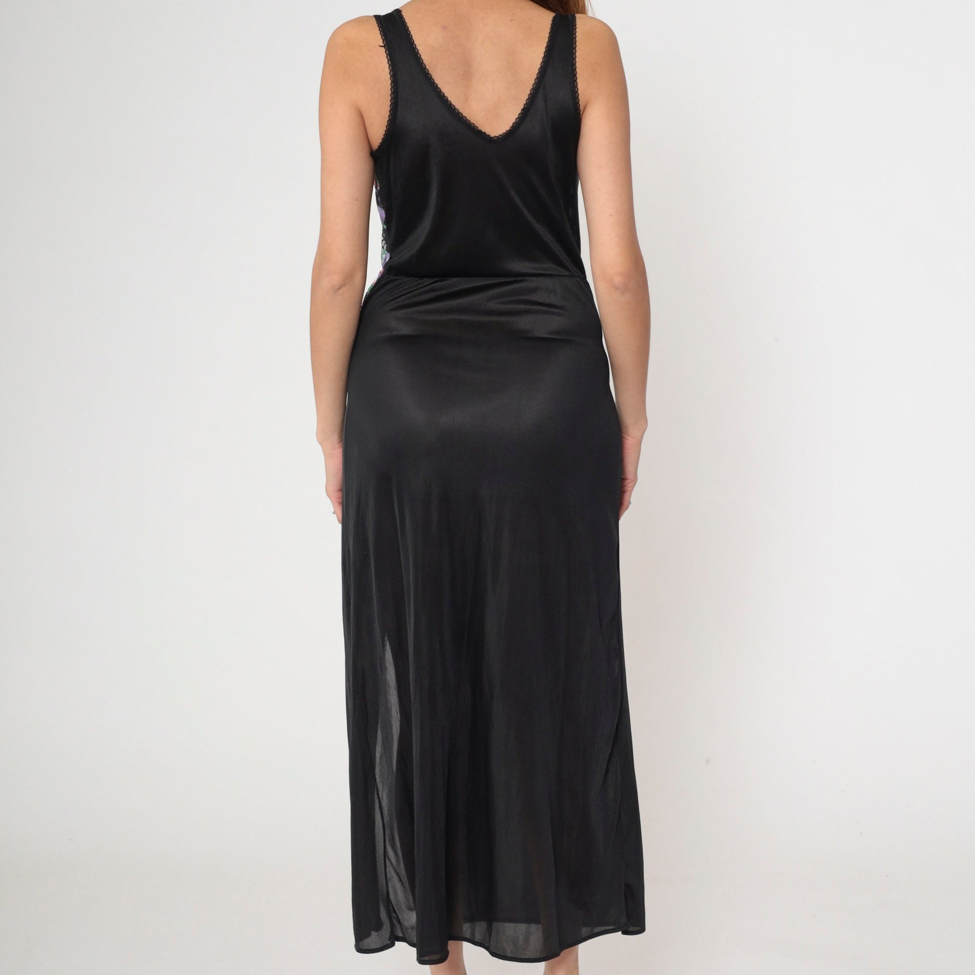 80s Floral Lace Black Maxi Slip Dress Deep V Neck Side Slit Nightgown Small