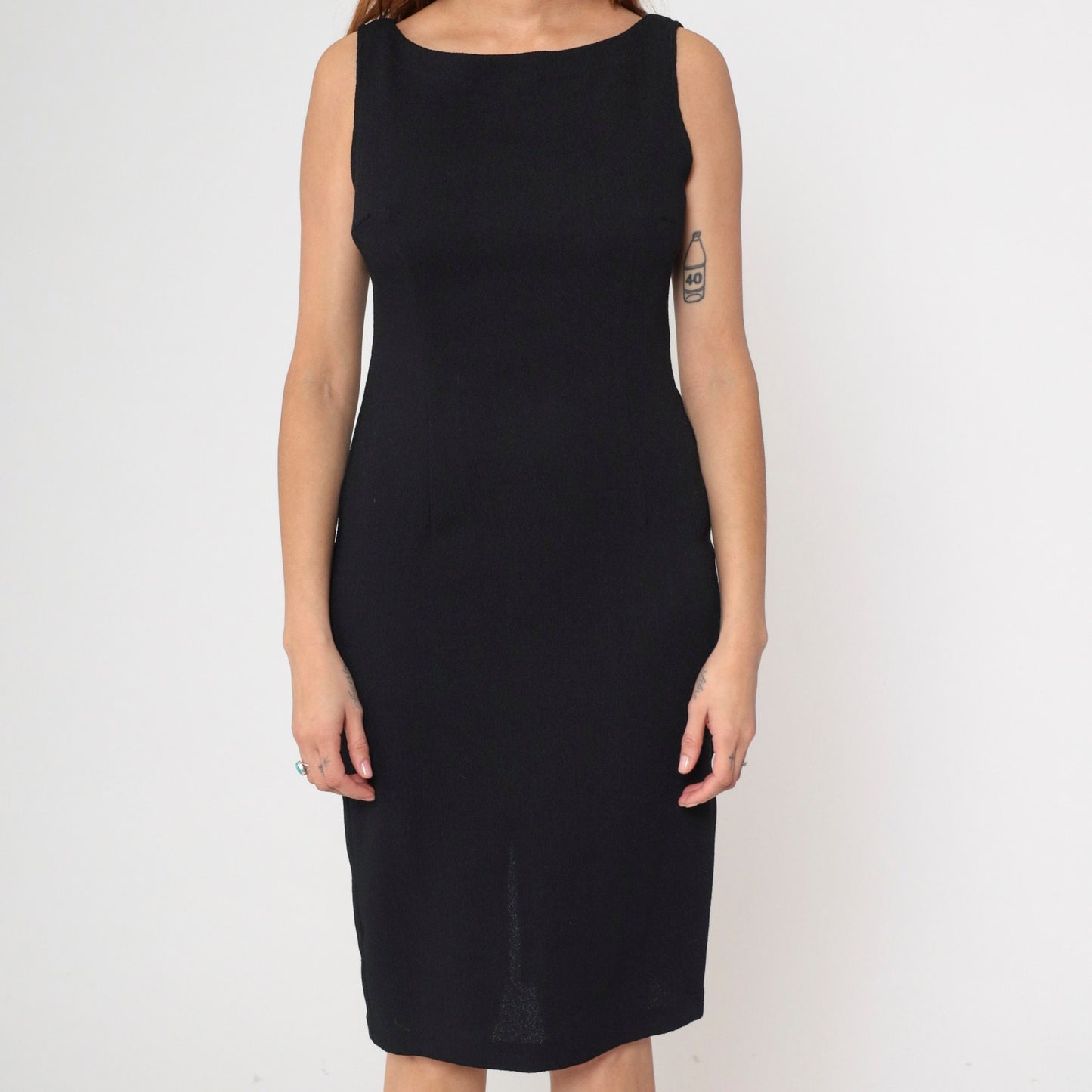 90s Black Mini Sheath Dress Sleeveless Boatneck Zipper Back Small