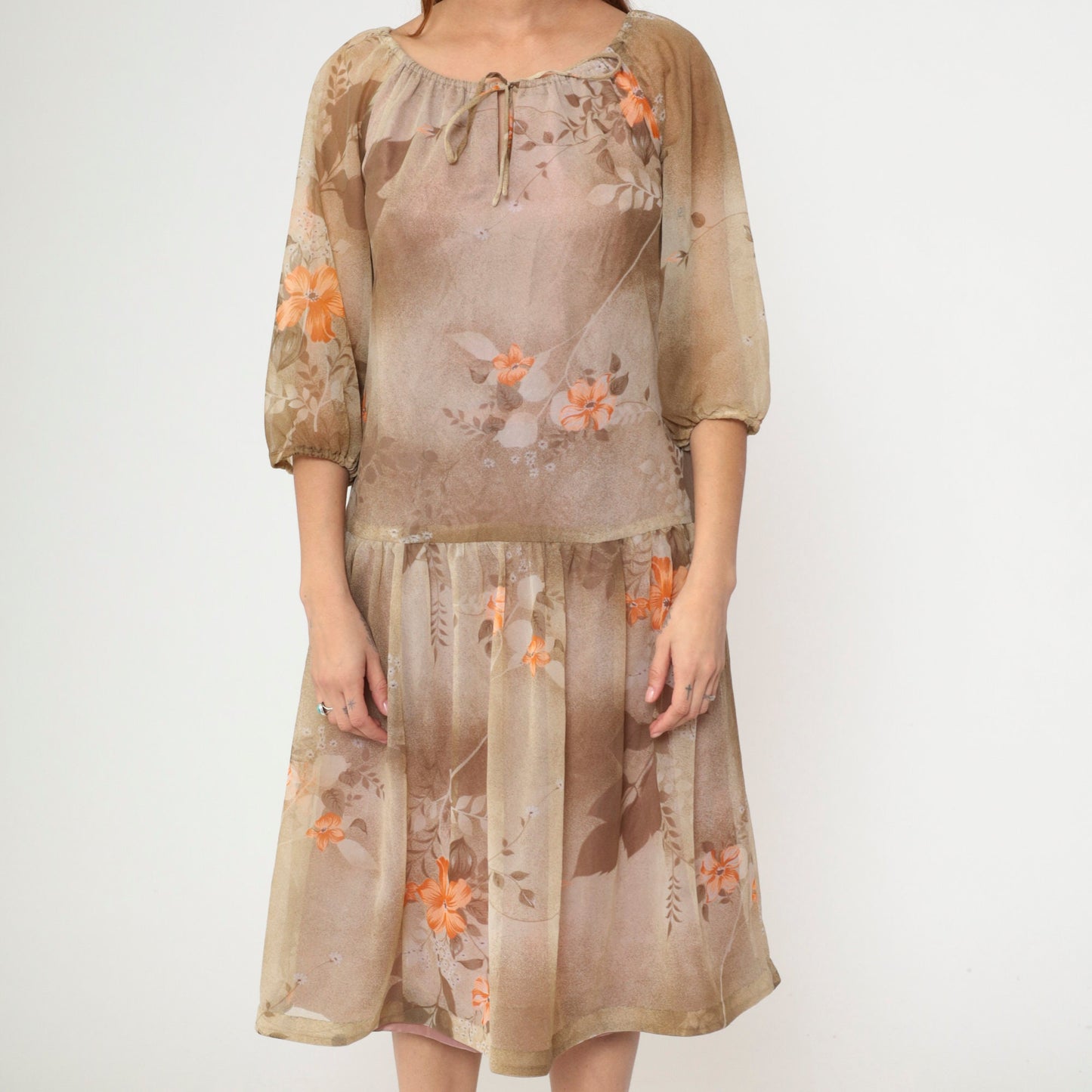 70s Brown Floral Midi Dress Keyhole Bow Neckline Drop Waist Medium