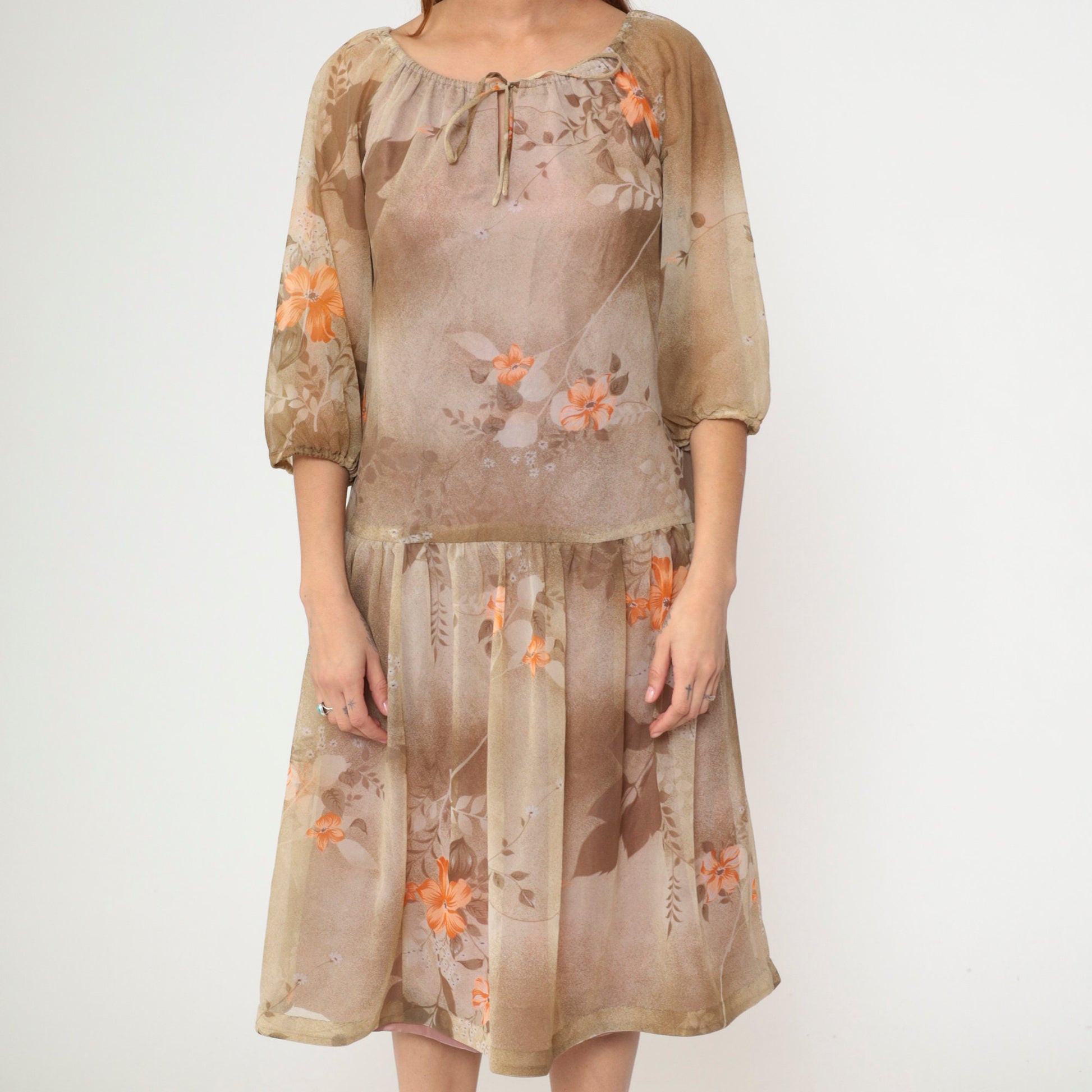 70s Brown Floral Midi Dress Keyhole Bow Neckline Drop Waist Medium