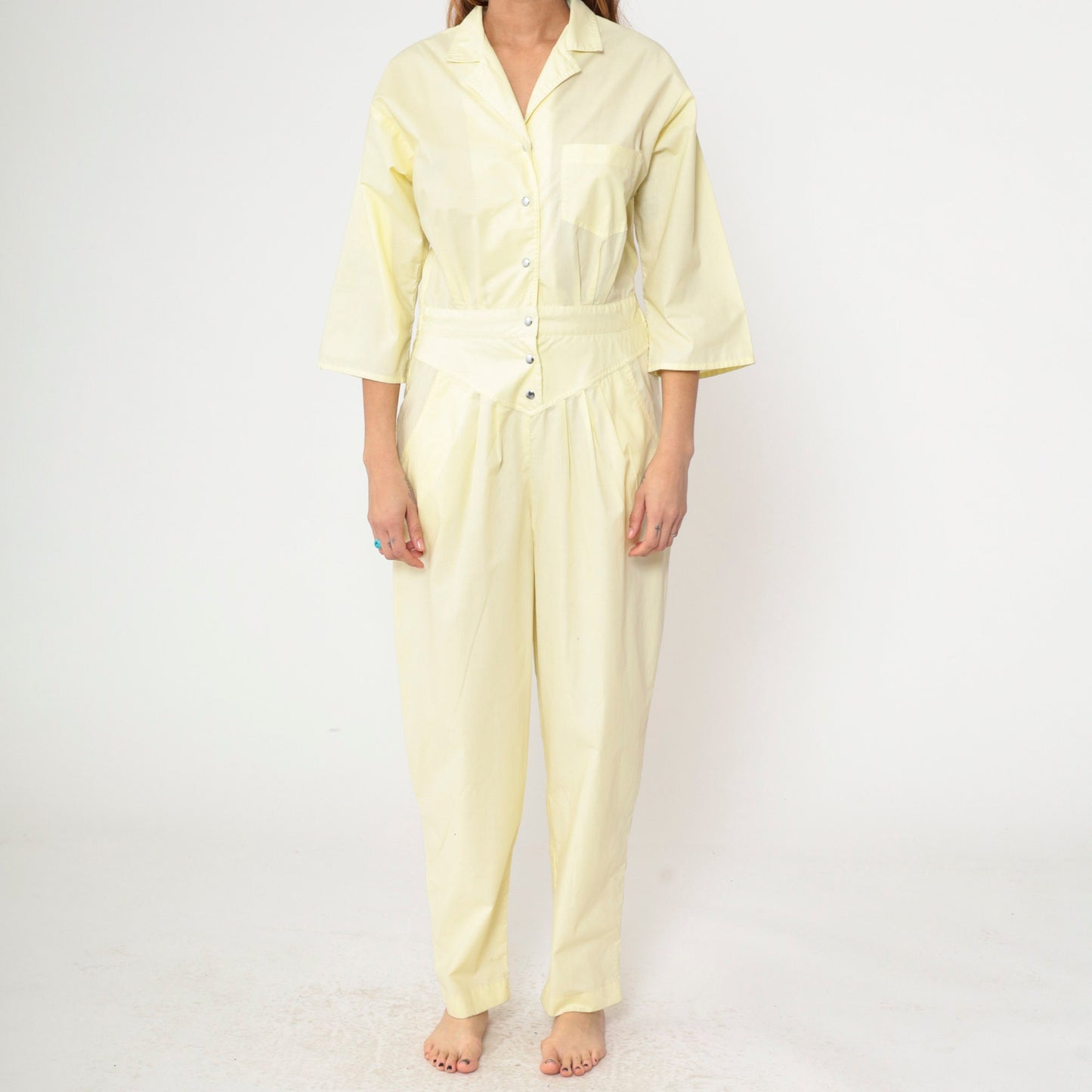 80s Yellow Jumpsuit Snap Button Tapered Leg Basque Waist Chest Pocket Medium