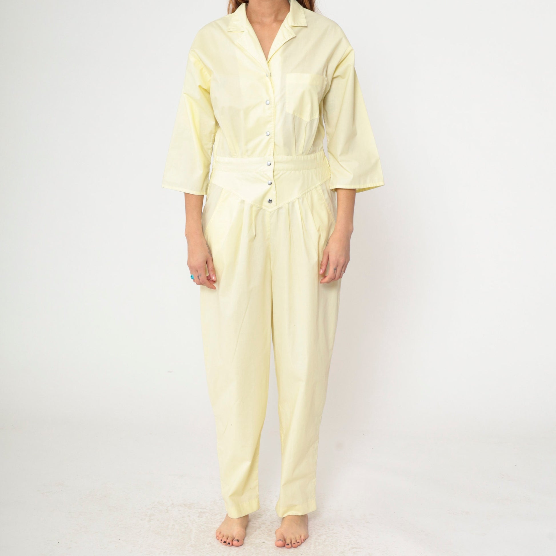 80s Yellow Jumpsuit Snap Button Tapered Leg Basque Waist Chest Pocket Medium