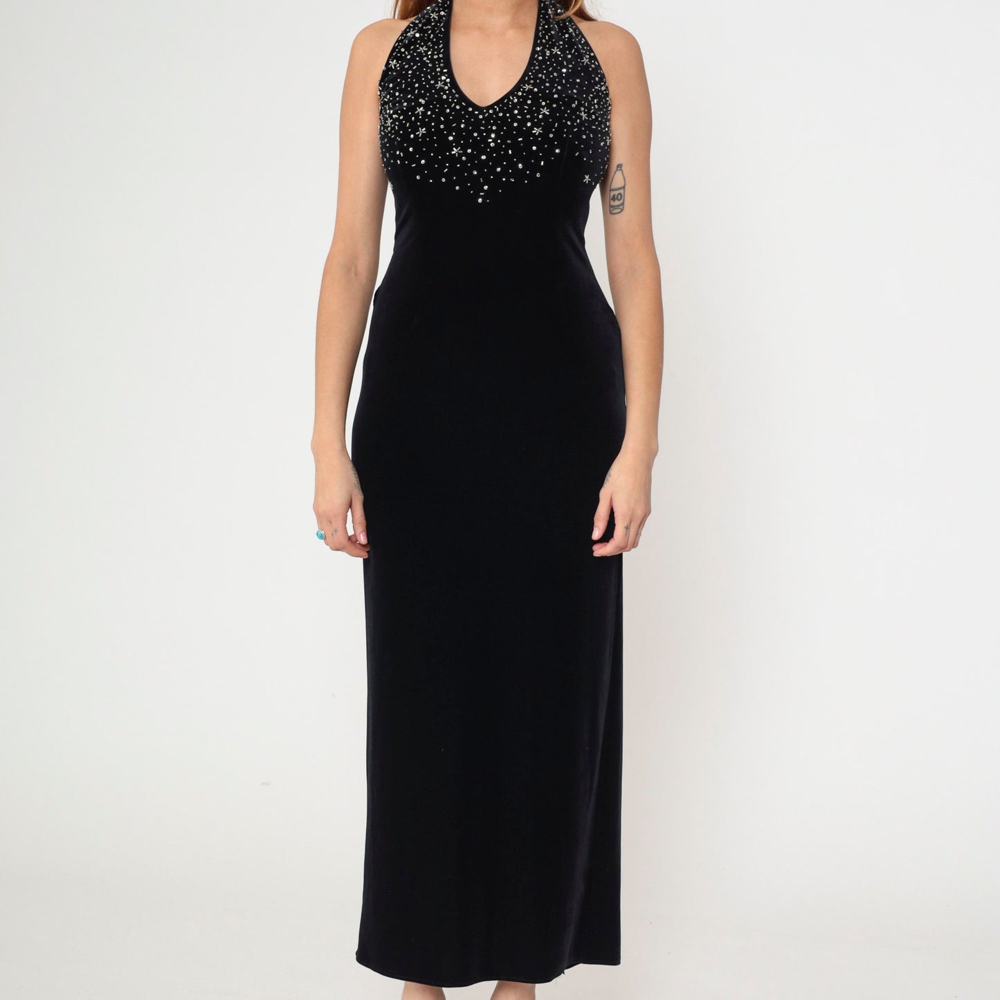 90s Dave & Johnny Black Velvet Halter Maxi Dress Beaded Sequin Sheath Extra Small