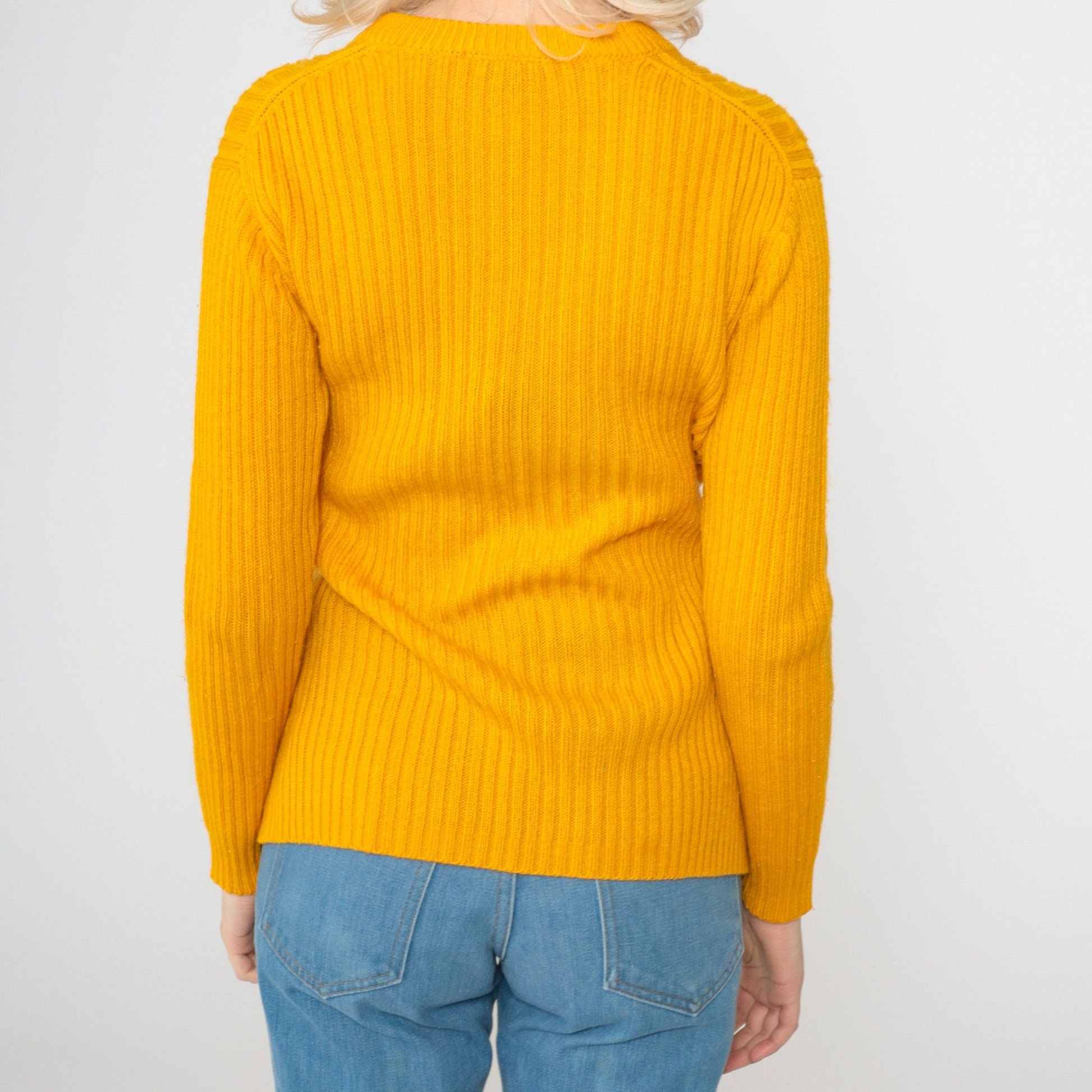 70s Tangerine Cable Knit Cardigan V Neck Button Up Orange Small