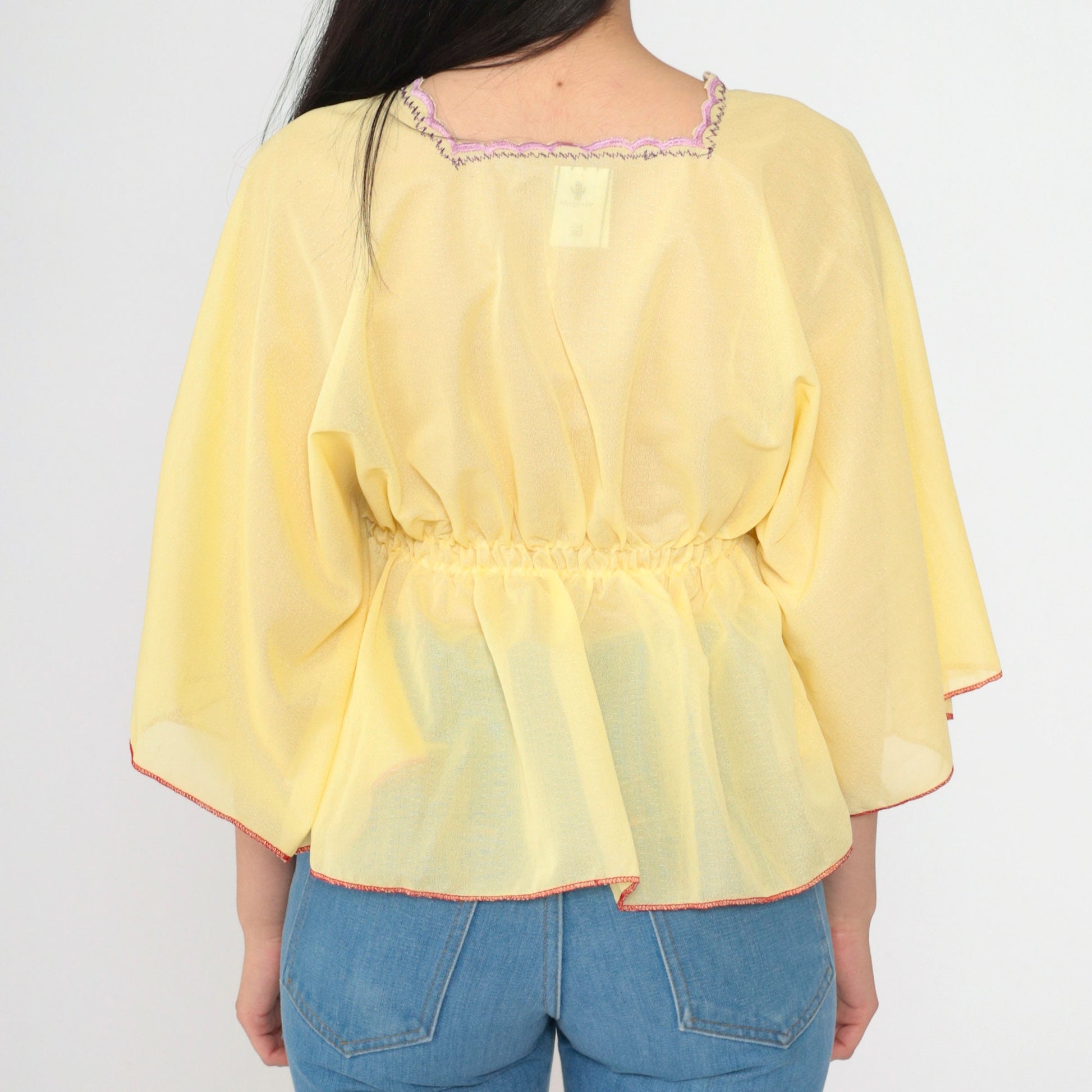 70s Yellow Floral Embroidered Caftan Top Sheer V-Neck Small Medium
