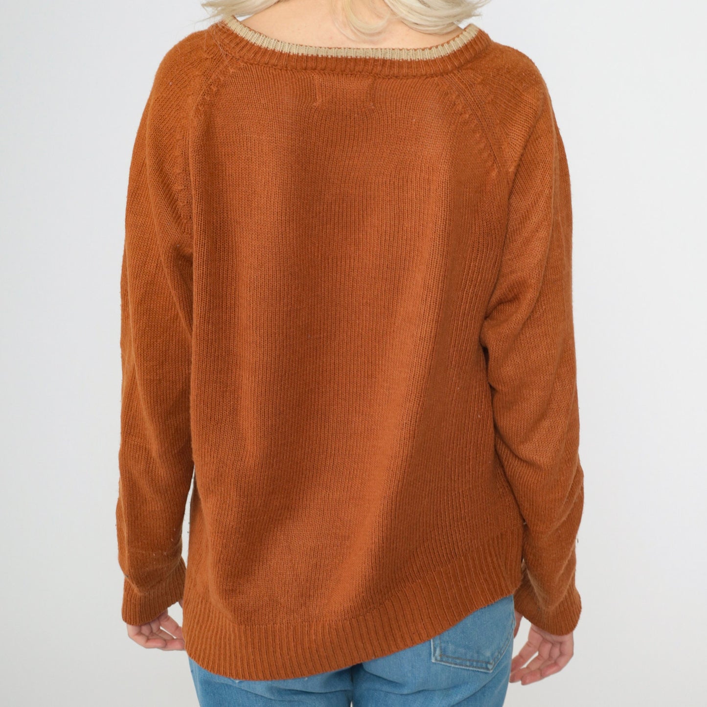 70s Van Cortt Cable Knit V-Neck Sweater Burnt Orange Pullover Large