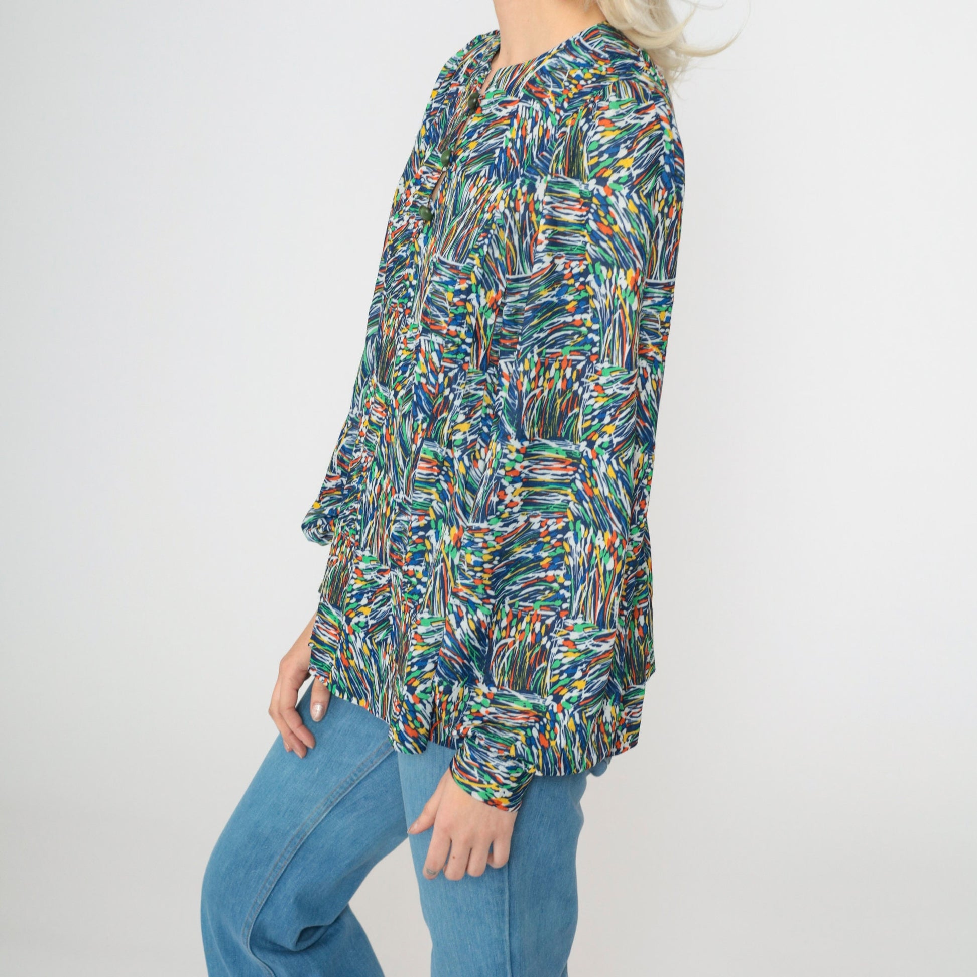 70s Blue Abstract Floral Puff Sleeve Button Up Blouse Small