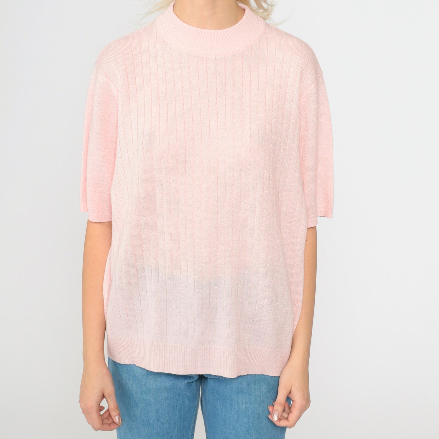 90s Sag Harbor Pink Metallic Knit Sweater Mock Neck Short Sleeve Extra Large XXL