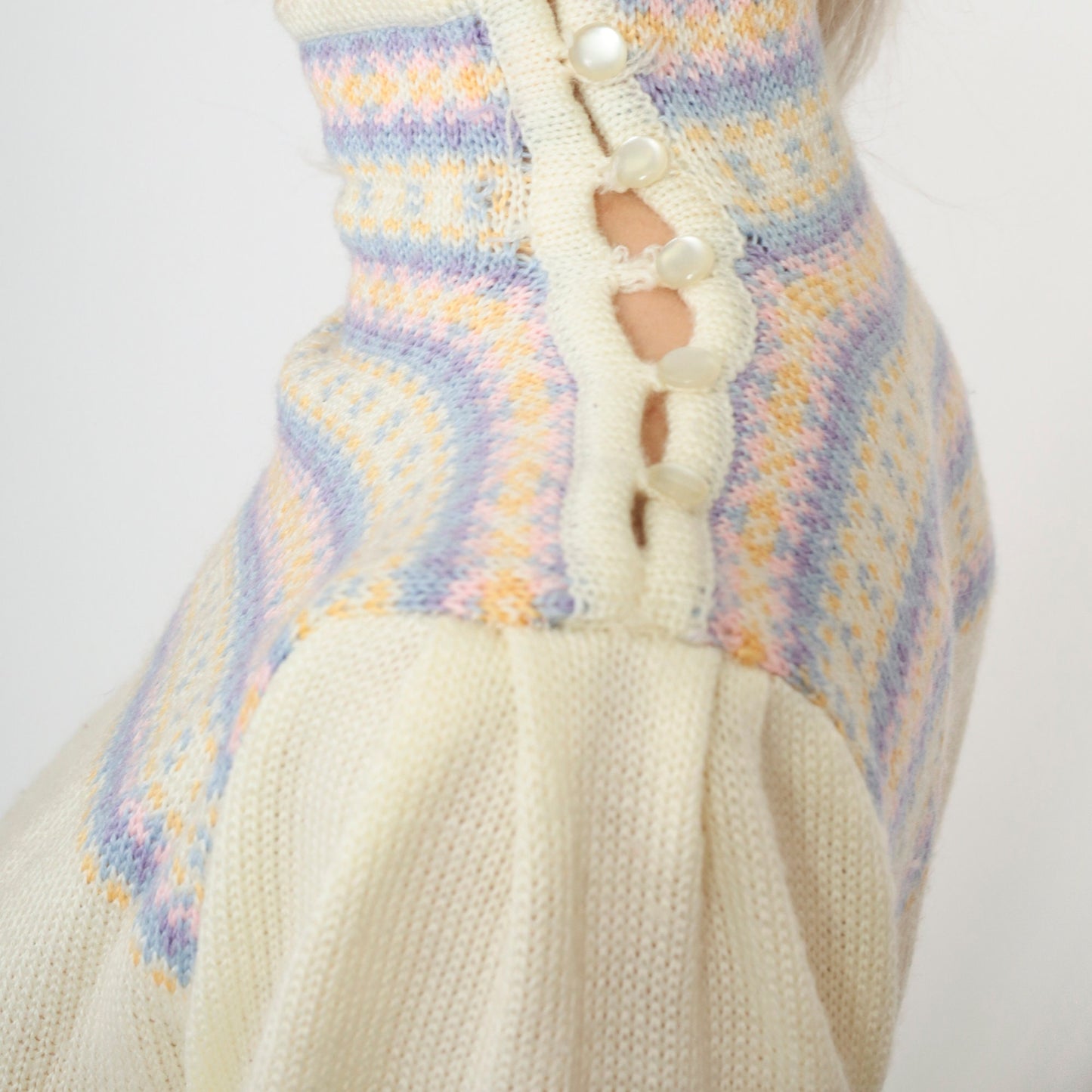 80s Fair Isle Sweater Ivory Puff Sleeve High Neck Knit Pullover Extra Small