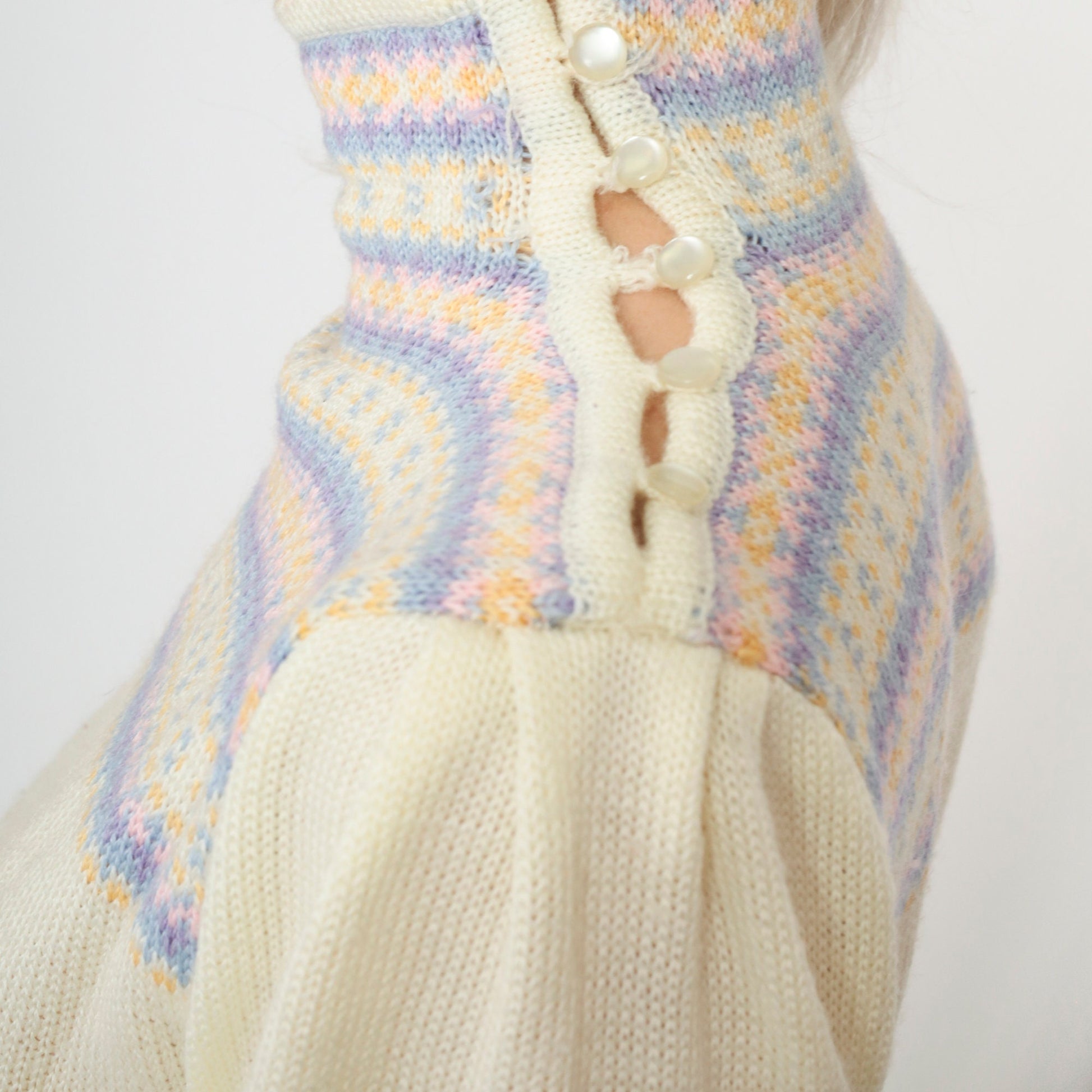 80s Fair Isle Sweater Ivory Puff Sleeve High Neck Knit Pullover Extra Small