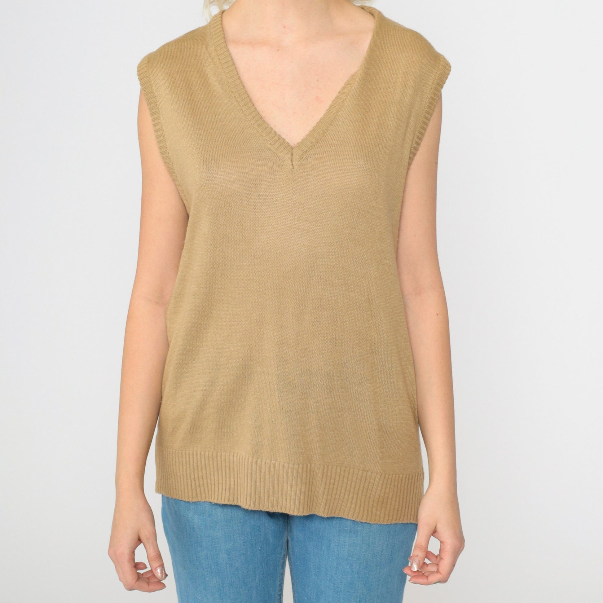 70s Tan Knit Sweater Vest V-Neck Sleeveless Tank Top Medium