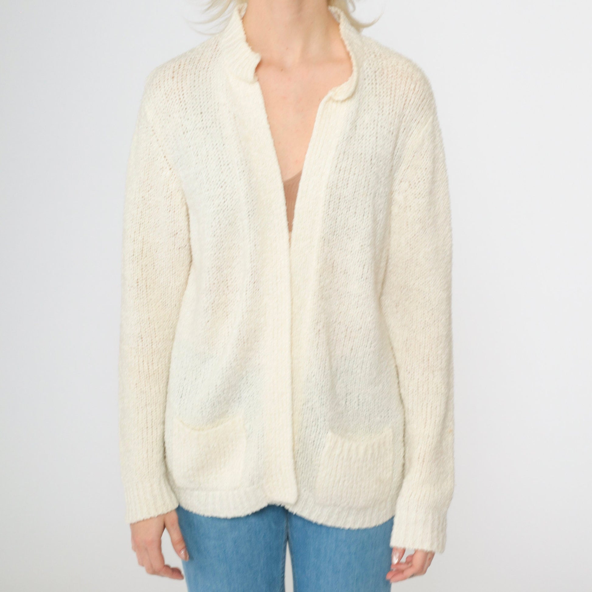 70s Le Roy Knitwear Cream Cardigan Knit Sweater Open Front Pockets Large L