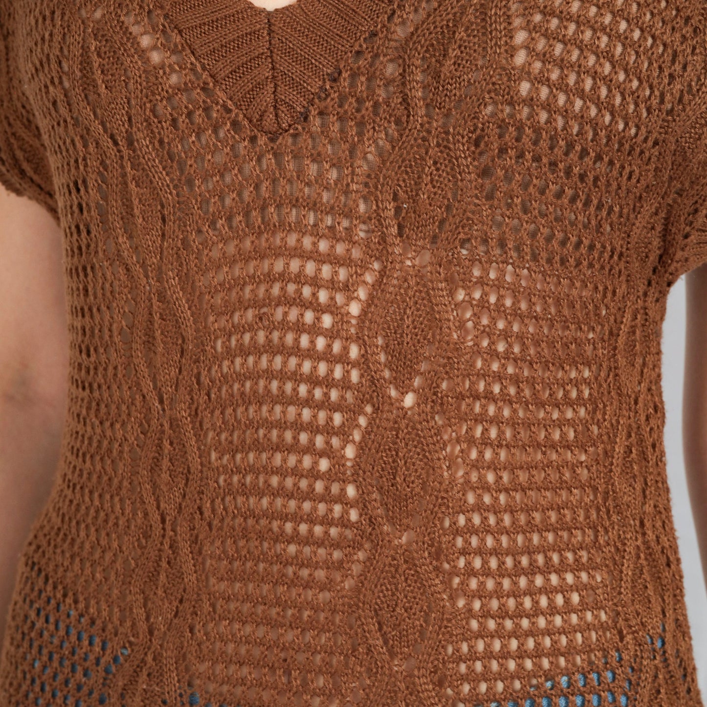80s Brown Sheer Knit Sweater Vest V-Neck Cap Sleeve Extra Small