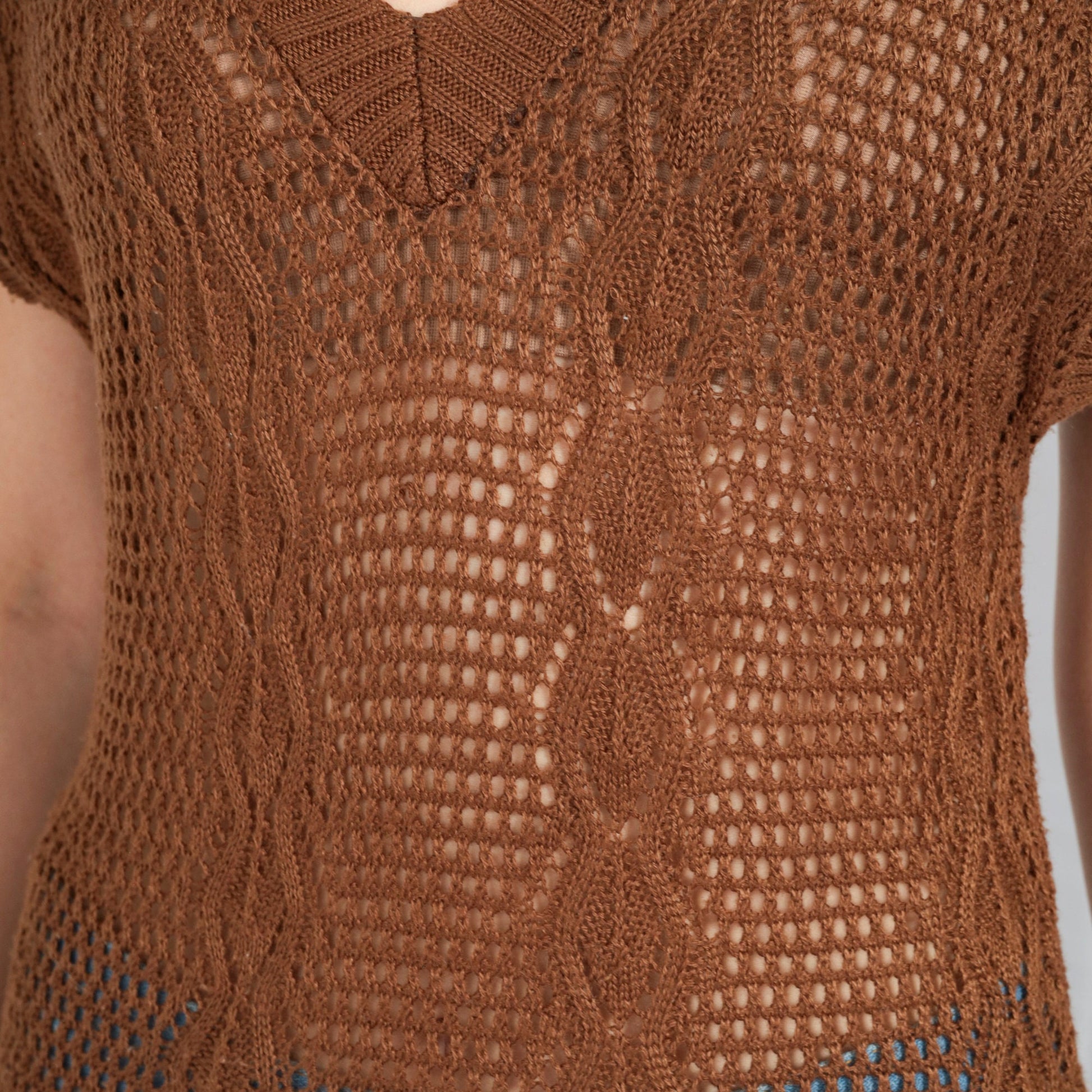 80s Brown Sheer Knit Sweater Vest V-Neck Cap Sleeve Extra Small