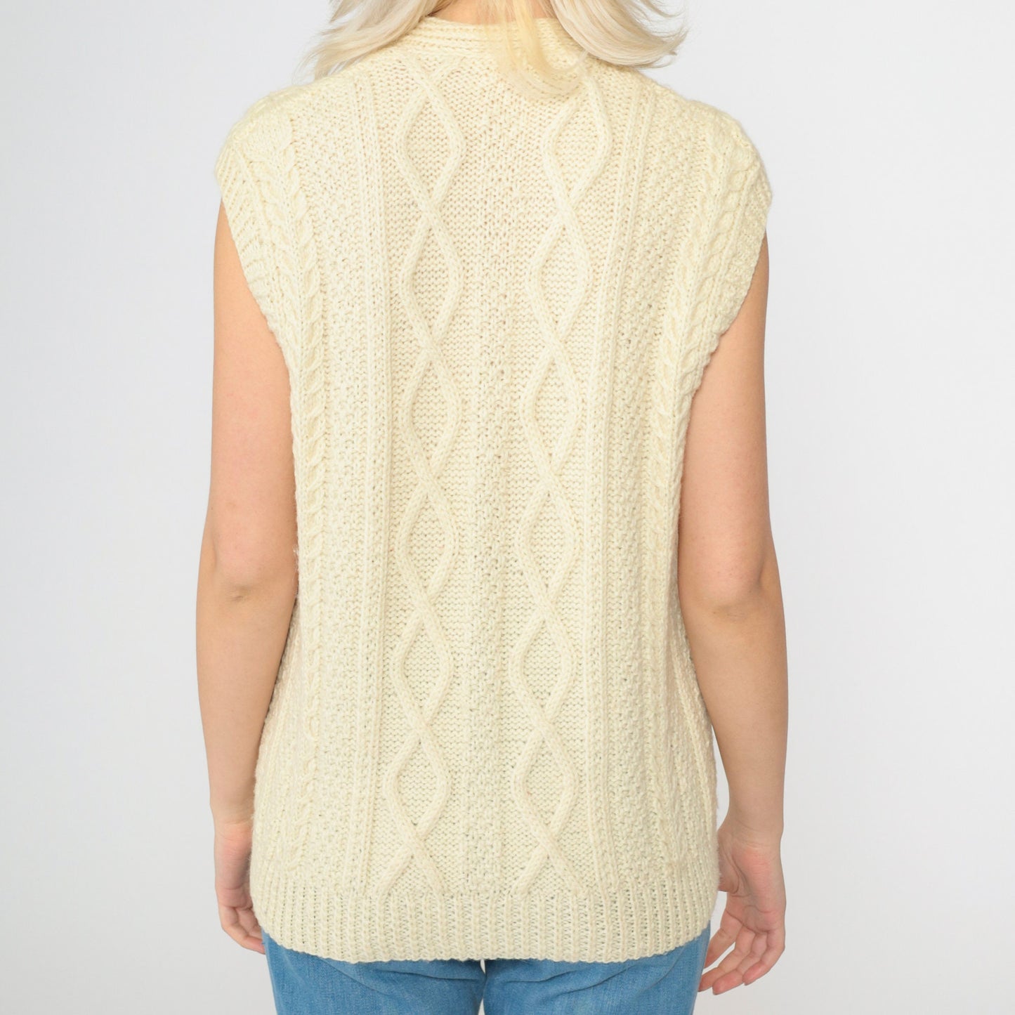 70s Cream Cable Knit Sweater Vest V Neck Button Front Wool Blend Small