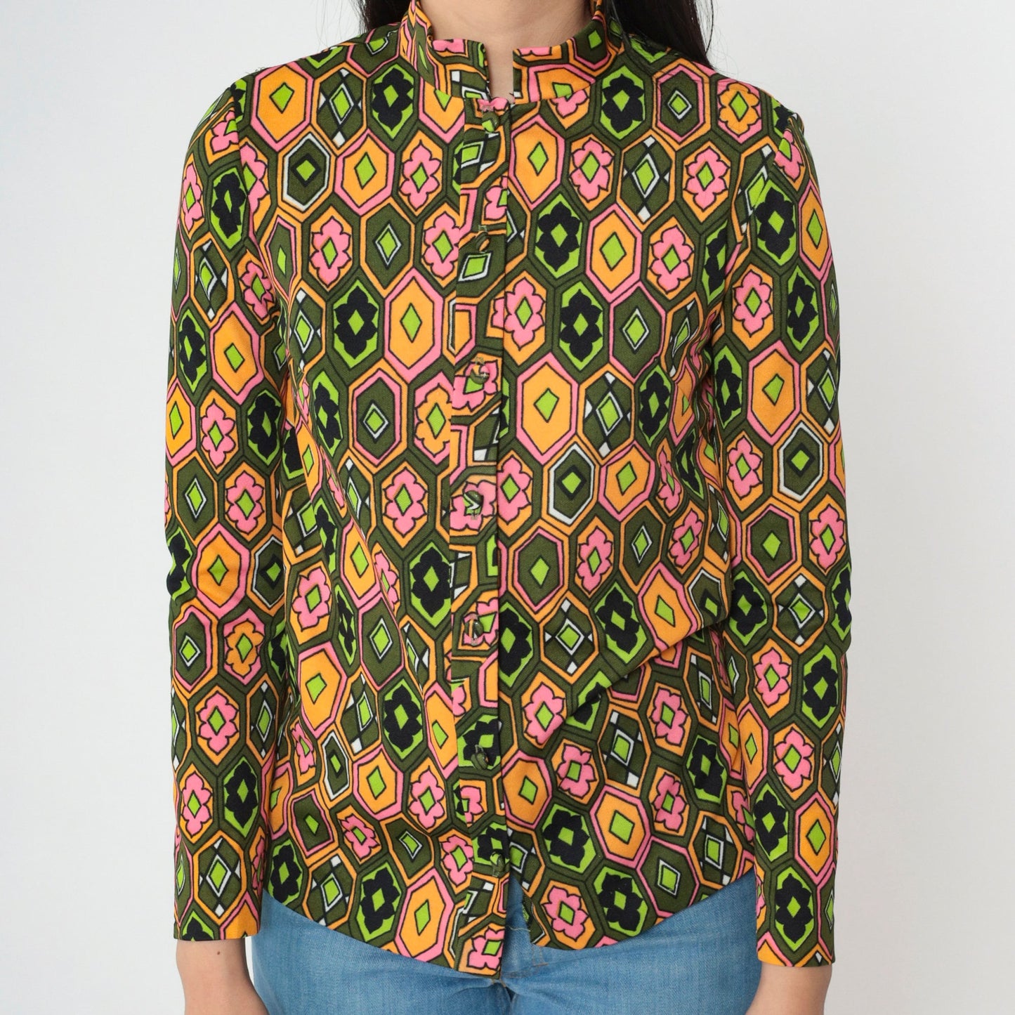 70s Psychedelic Floral Blouse Mandarin Collar Olive Green Pink Orange Small