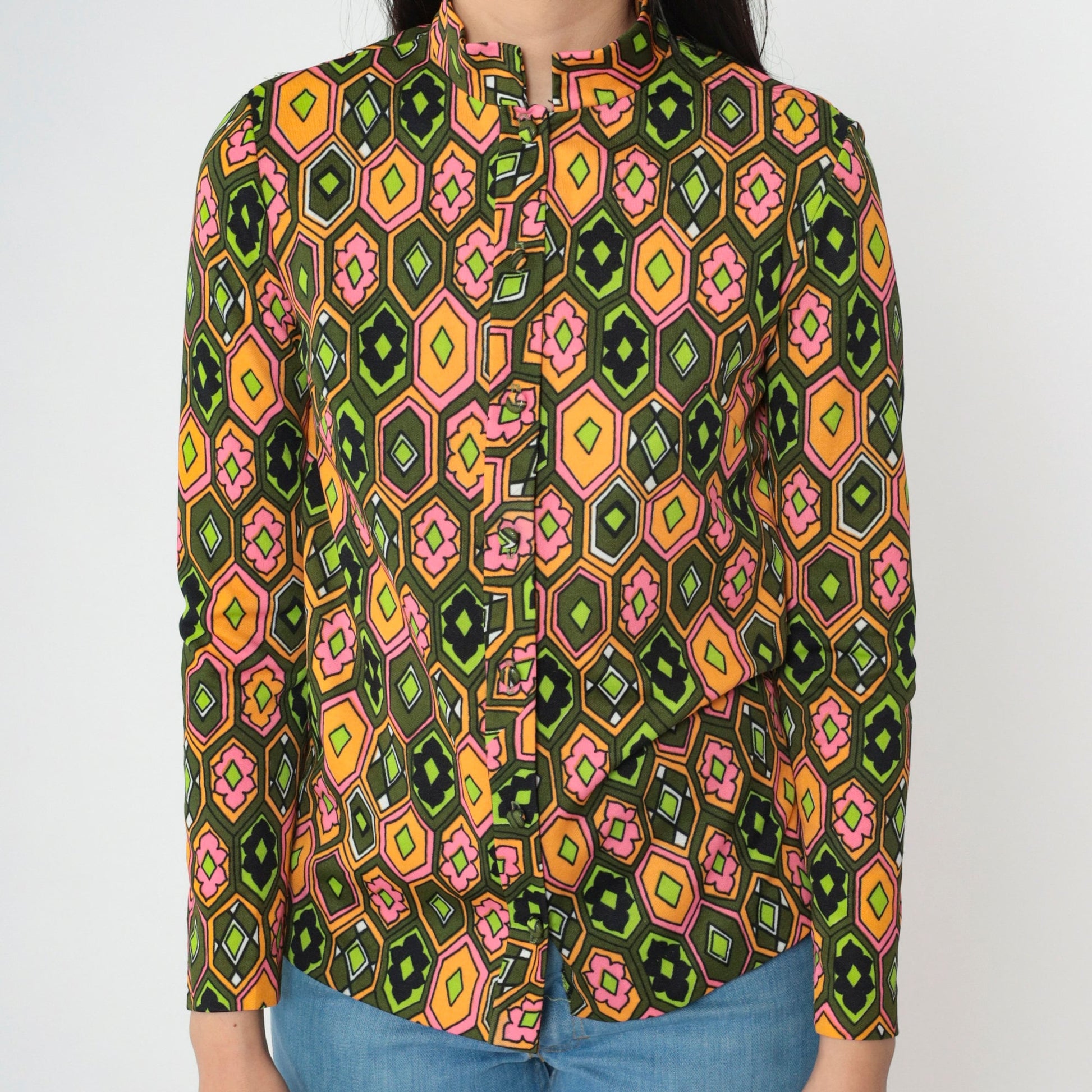 70s Psychedelic Floral Blouse Mandarin Collar Olive Green Pink Orange Small