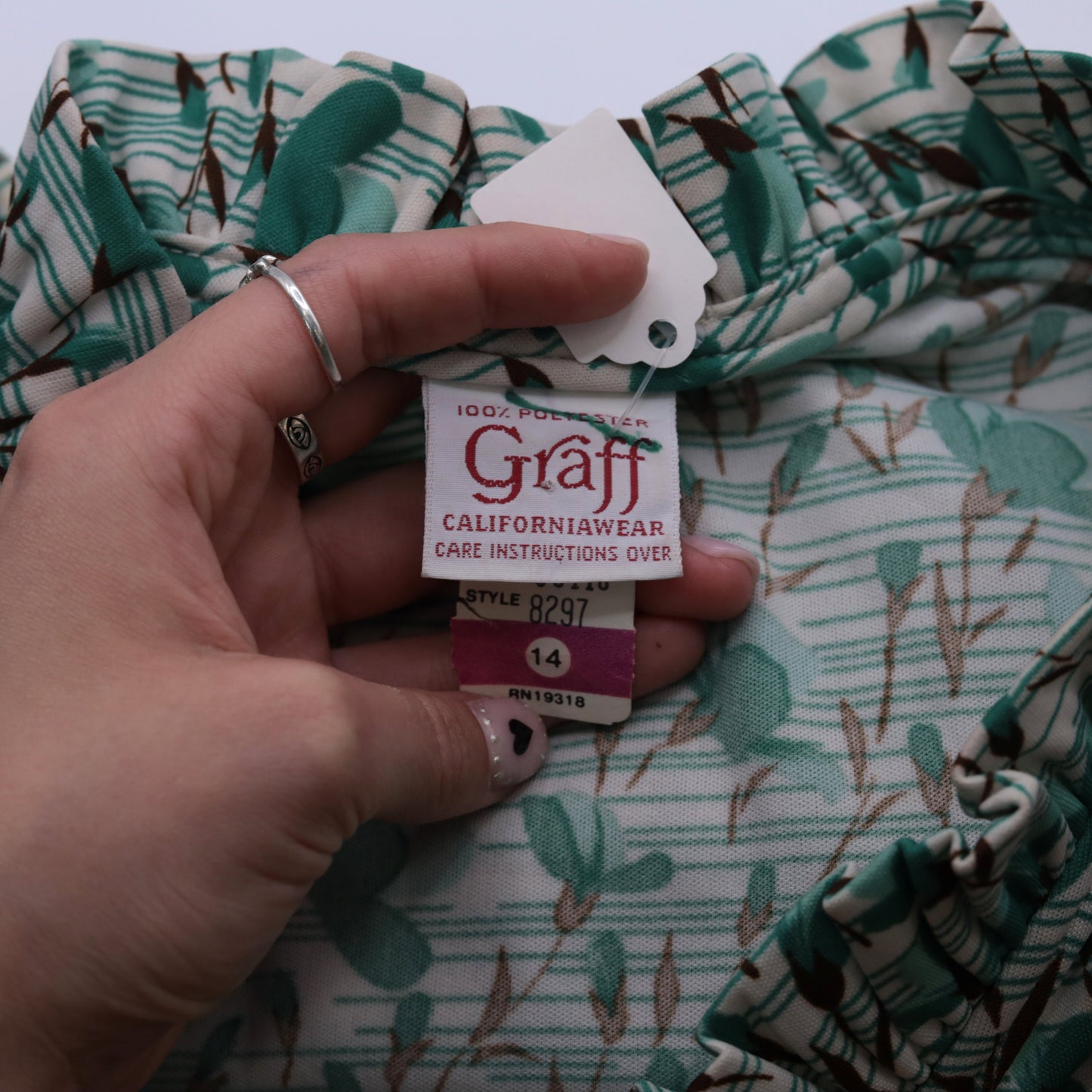 70s Graff Floral Striped Blouse Green Cap Sleeve V Neck Ruffled Small