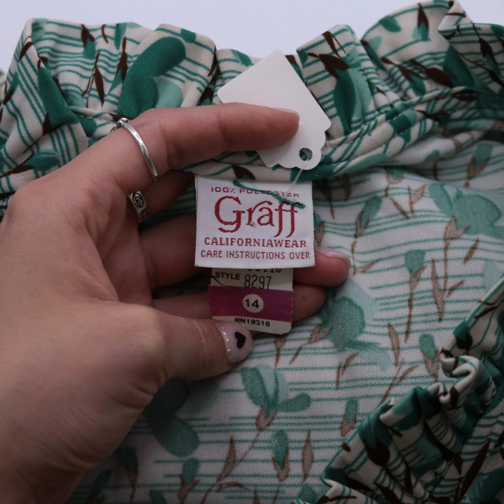 70s Graff Floral Striped Blouse Green Cap Sleeve V Neck Ruffled Small