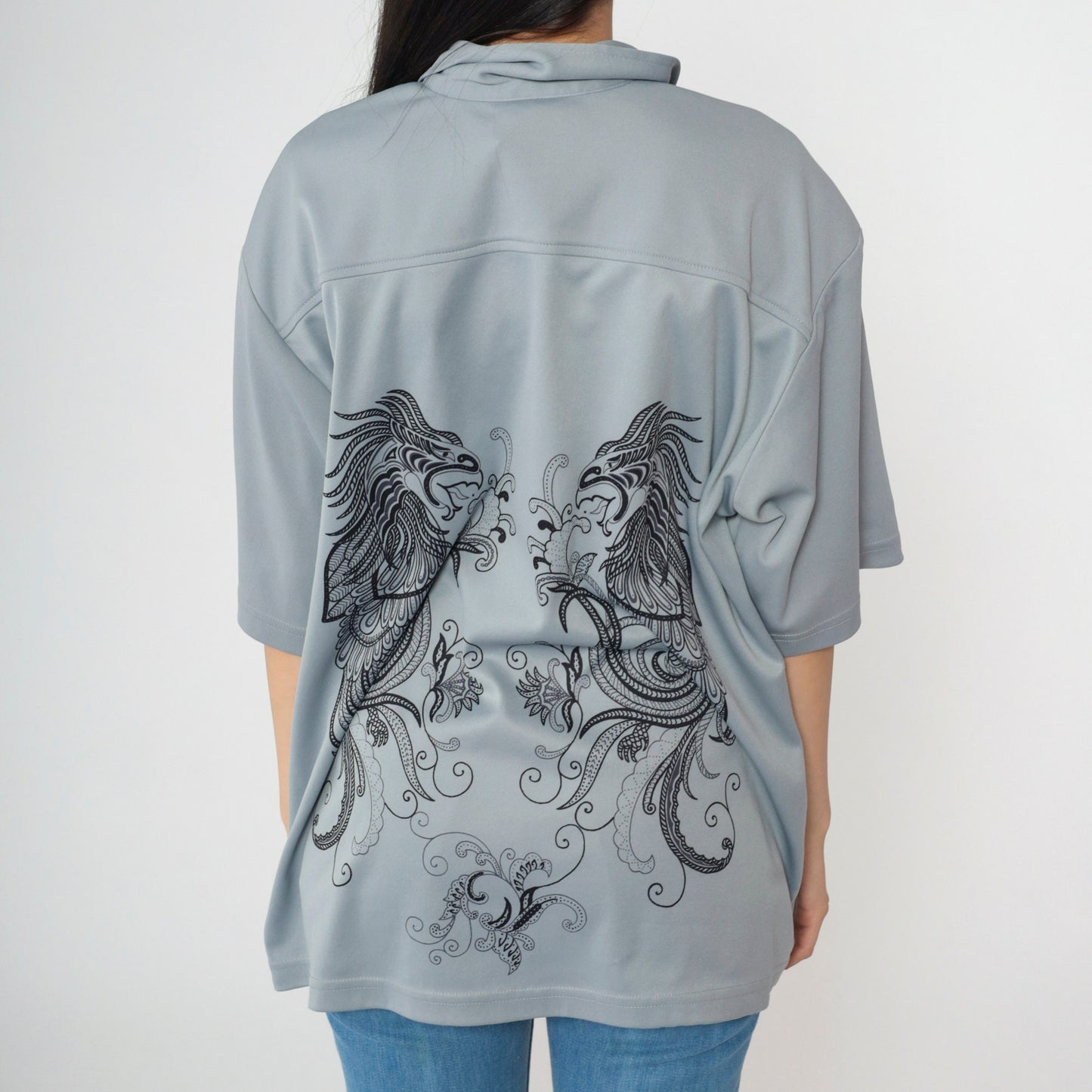 Y2K Dragon Print Button-Up Shirt Grey Short Sleeve Extra Large XXL
