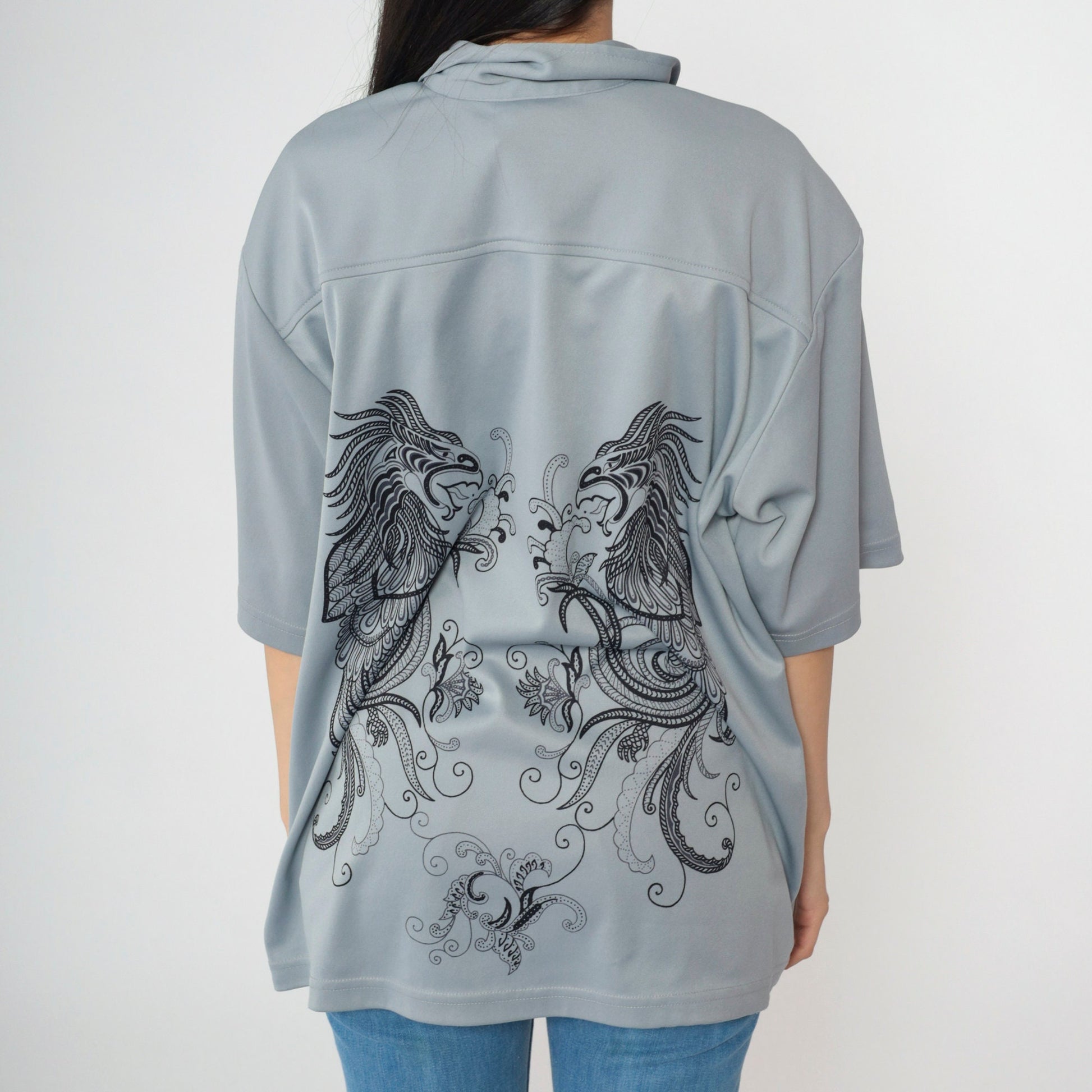 Y2K Dragon Print Button-Up Shirt Grey Short Sleeve Extra Large XXL