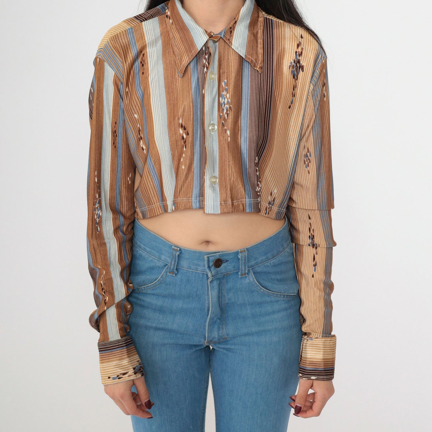 70s Striped Raindrop Print Crop Blouse Button-Up Long Sleeve Brown Green Small