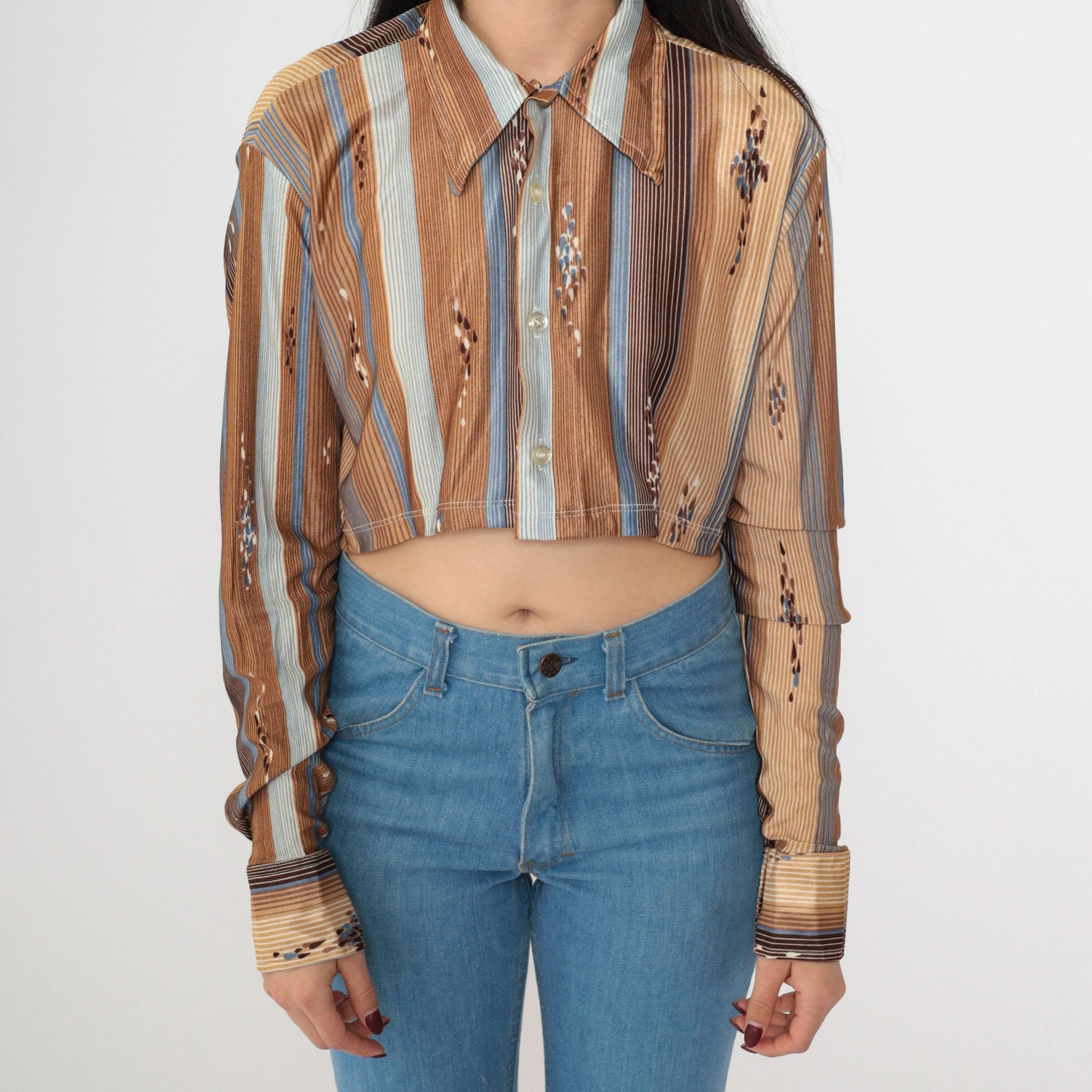 70s Striped Raindrop Print Crop Blouse Button-Up Long Sleeve Brown Green Small