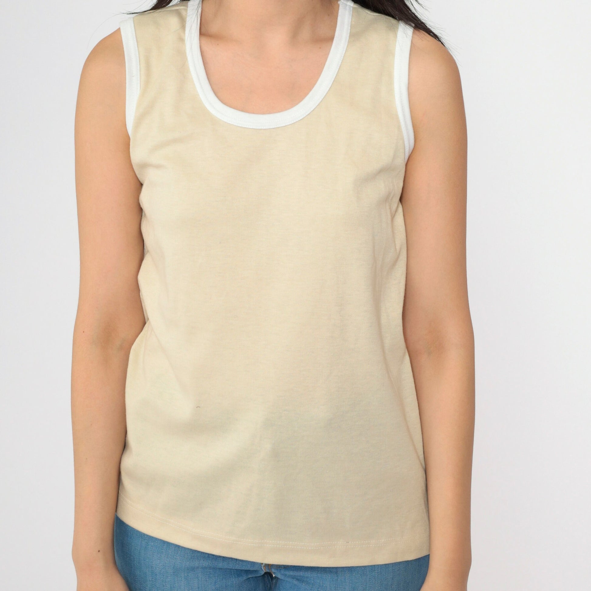 80s Jantzen Beige Tank Top Ringer Trim Scoop Neck Small
